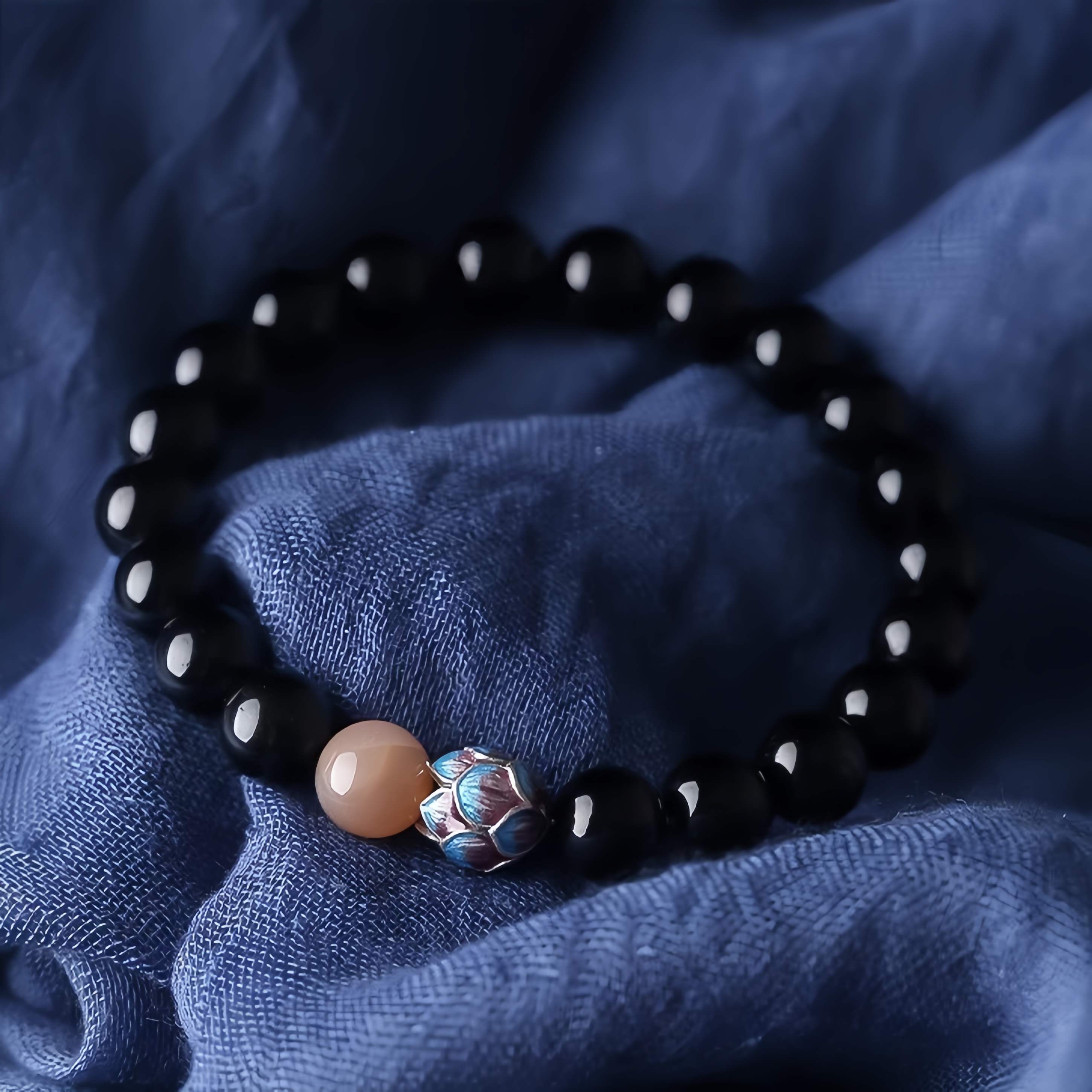 Black Obsidian & Sunstone Lotus Bracelet - Energy Protection & Vitality Jewelry
