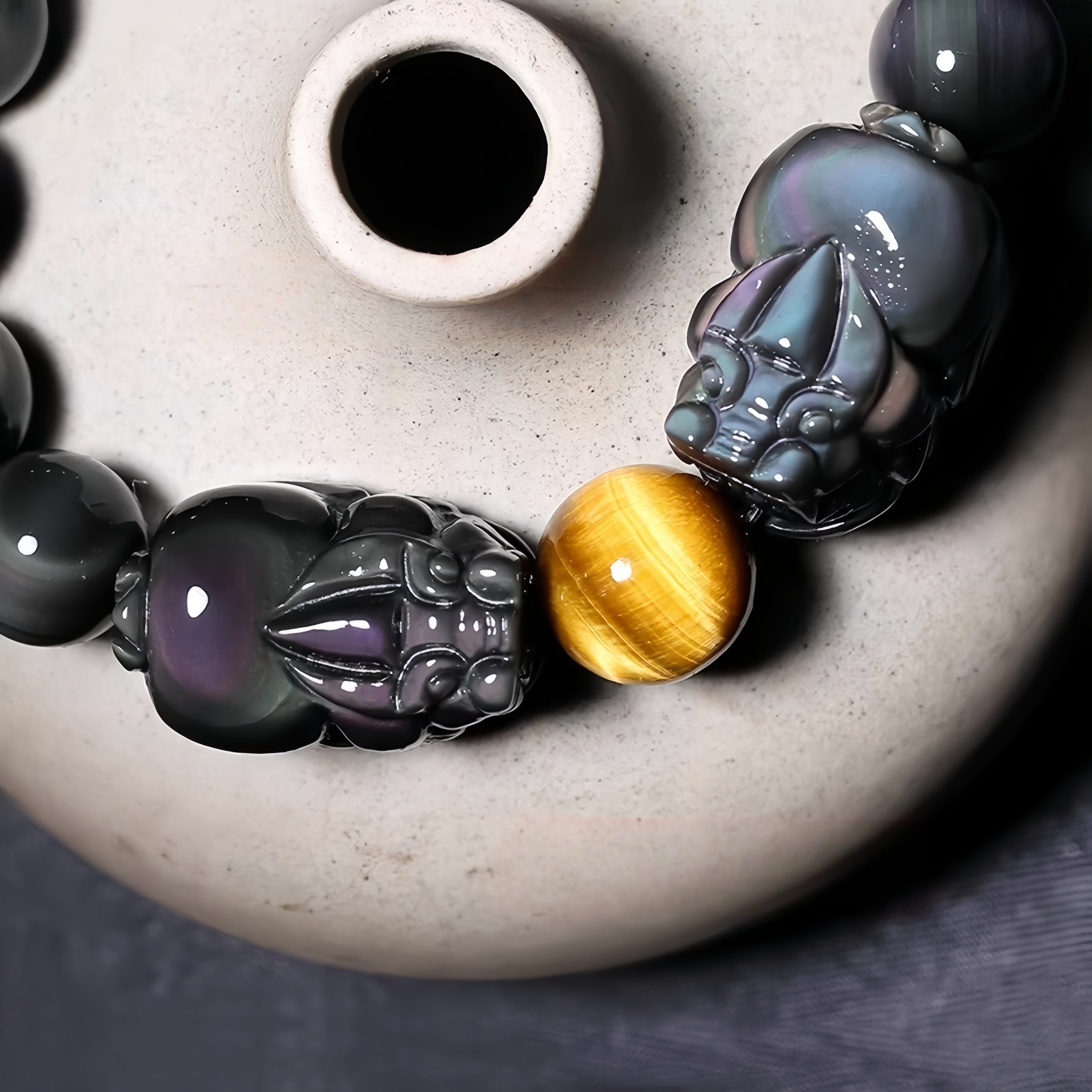 Golden Sheen Obsidian Double Pi Xiu Bracelet - Wealth Vortex & Executive Armor