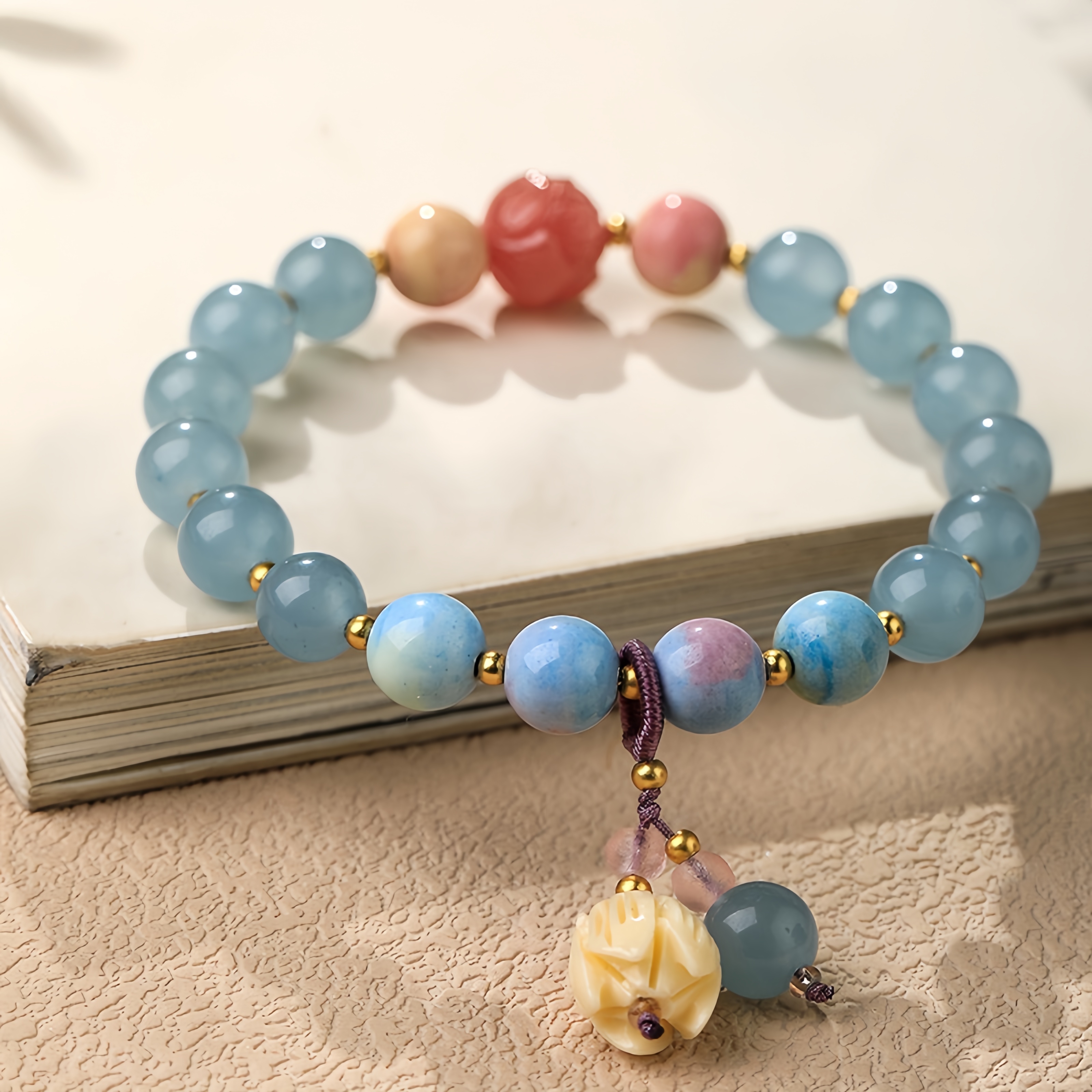 Aquamarine Bracelet - Flower Agate Charm & Ocean Energy