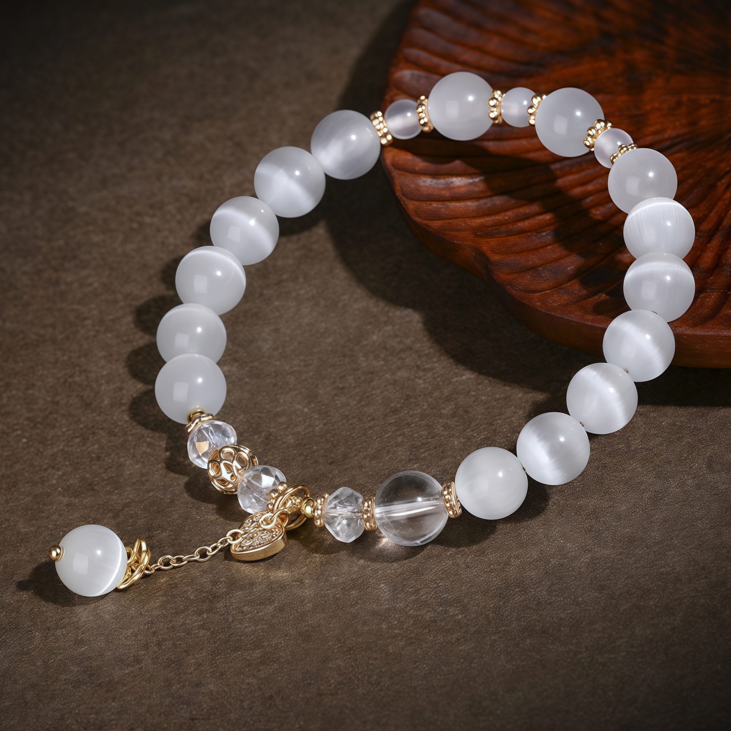 White Cat's Eye Heart Pendant Bracelet