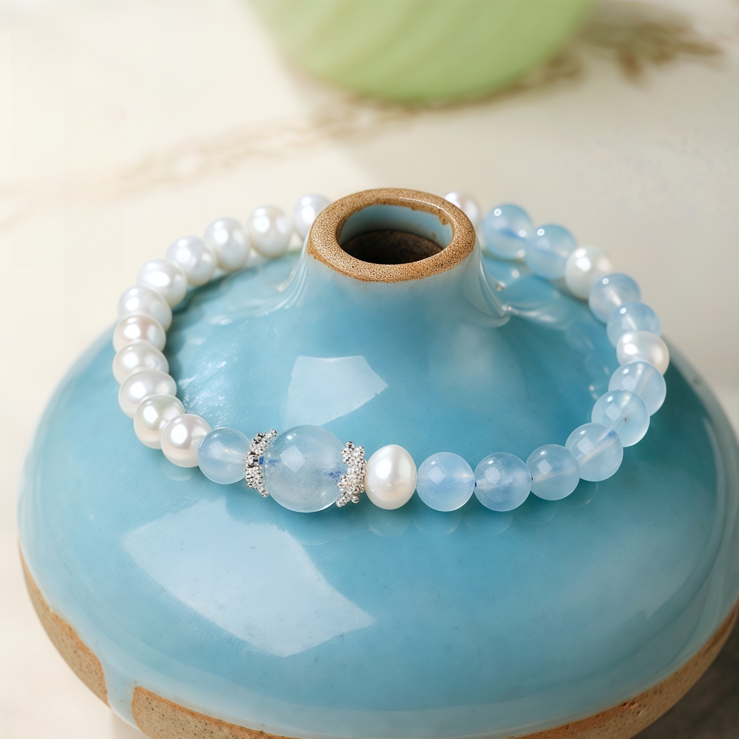 Seafoam Blue Crystal Pearl Bracelet: Radiate Tranquility & Elegance