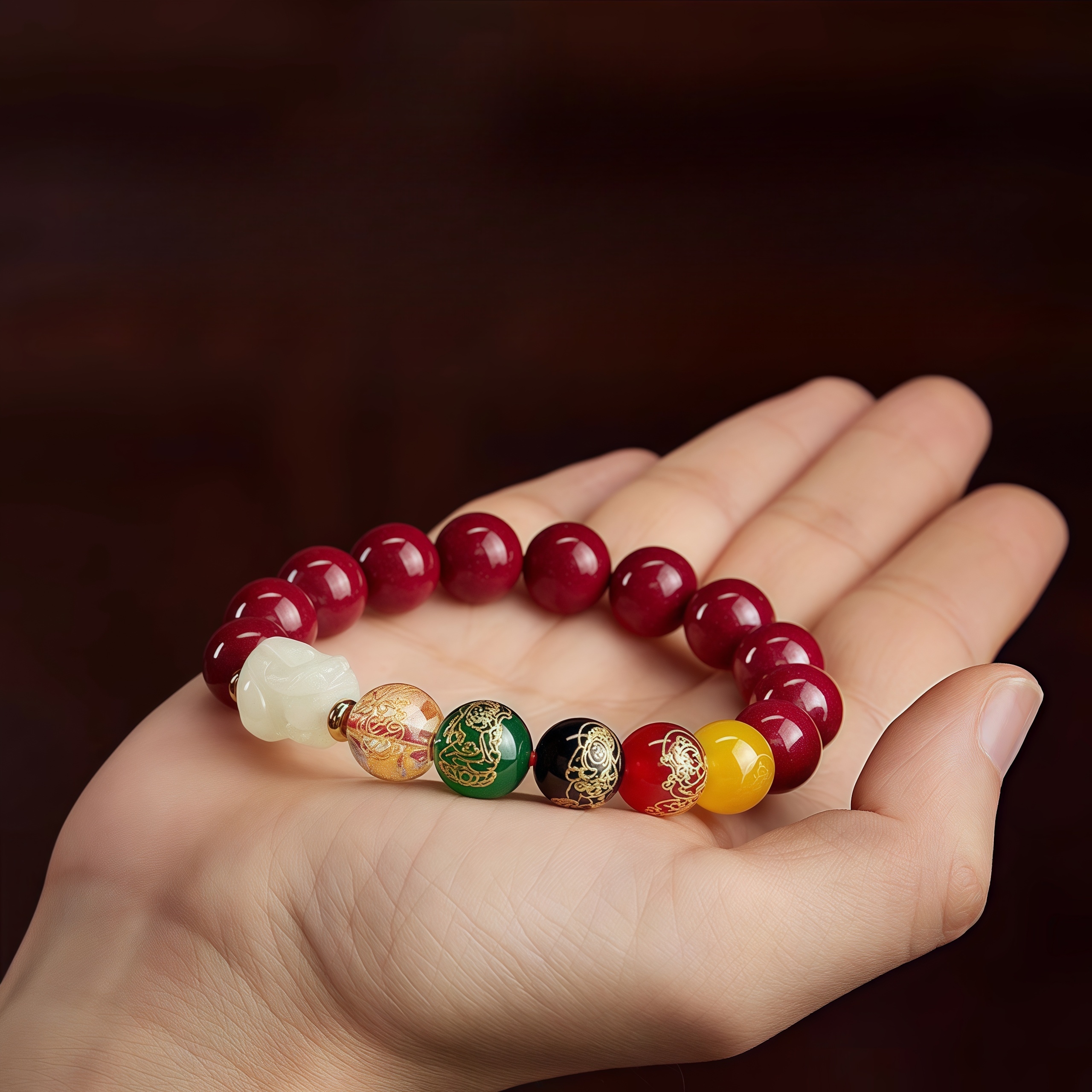 Hetian Jade Pixiu, Purple Gold Cinnabar & Five - God of Wealth Lucky Bead Bracelet: Attract Fortune & Luck