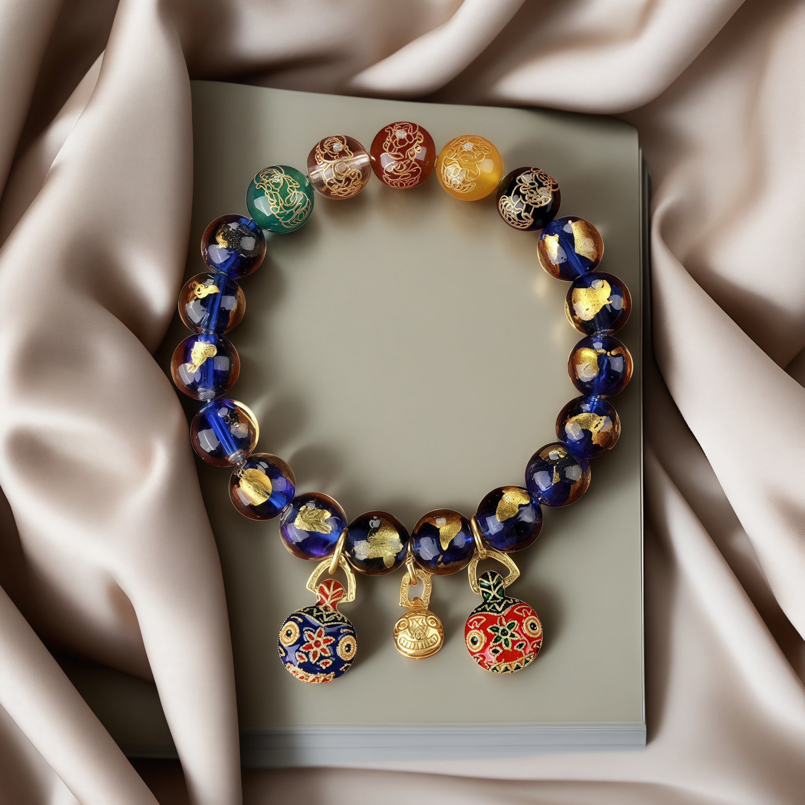 Gold Foil Incense Ash Glass Beads Wealth Attraction Bracelet with Fortune Beast & Five Wealth Deities