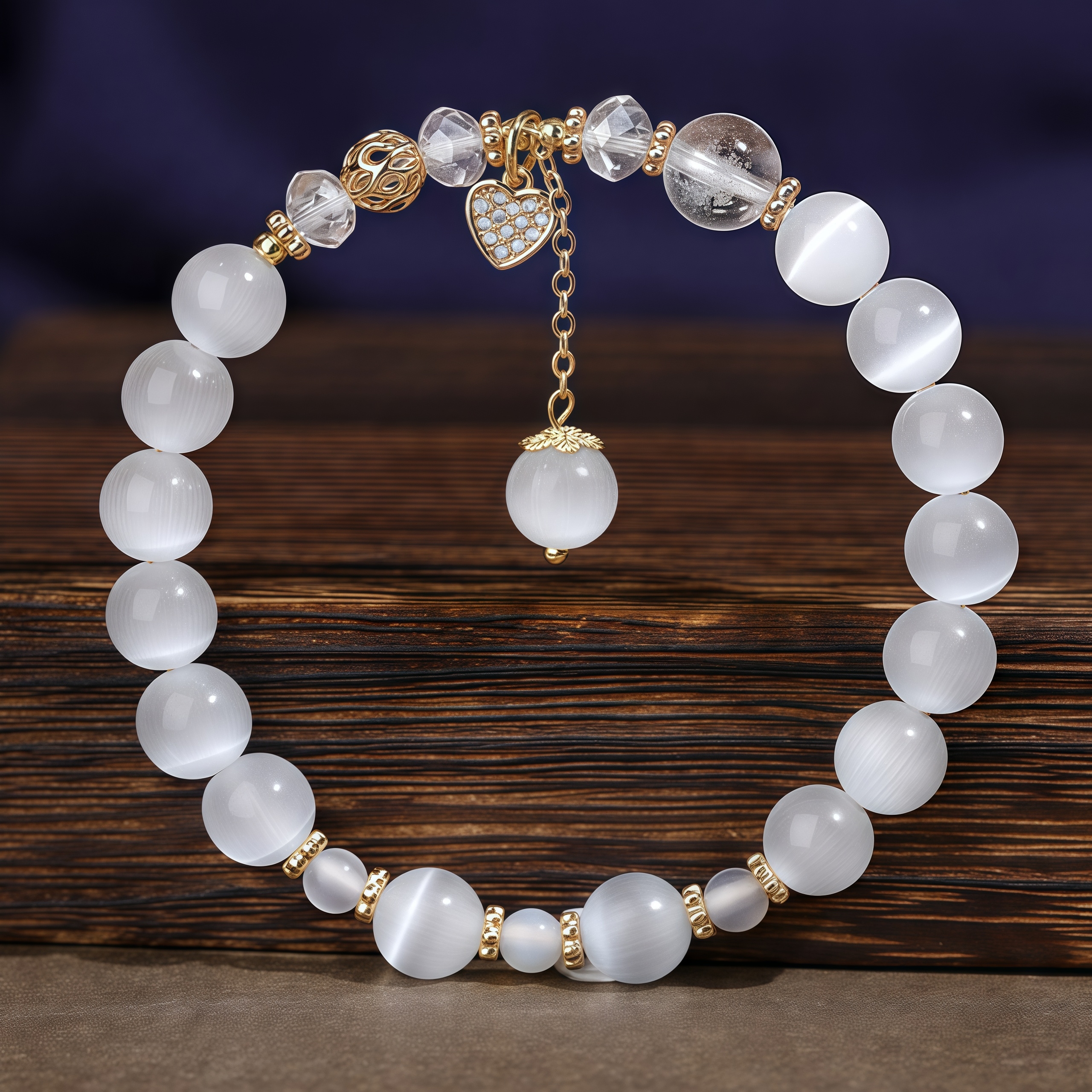 White Cat's Eye Heart Pendant Bracelet