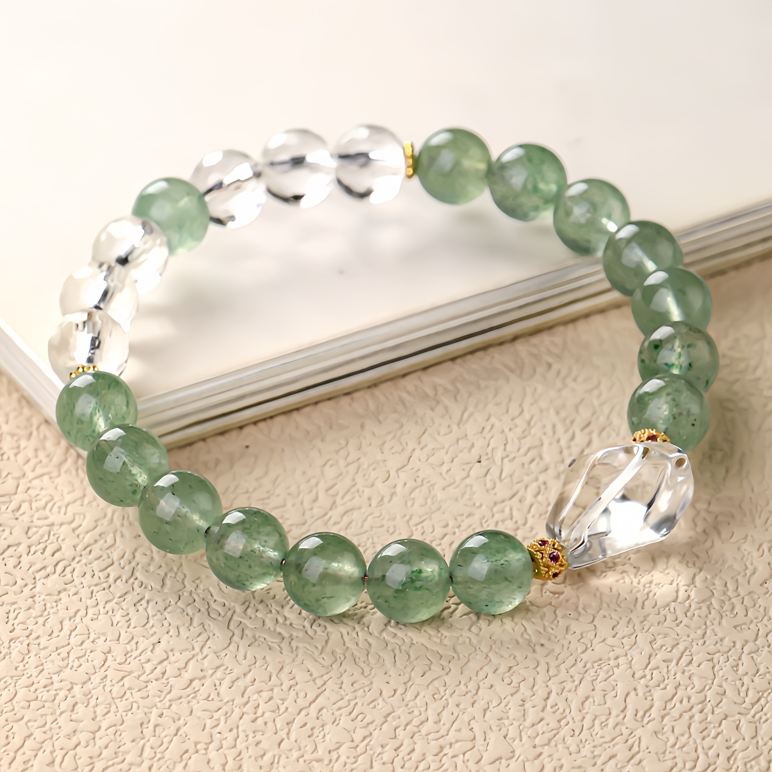 Green Strawberry Quartz & Clear Crystal Bracelet - Heart Chakra & Clarity Jewelry