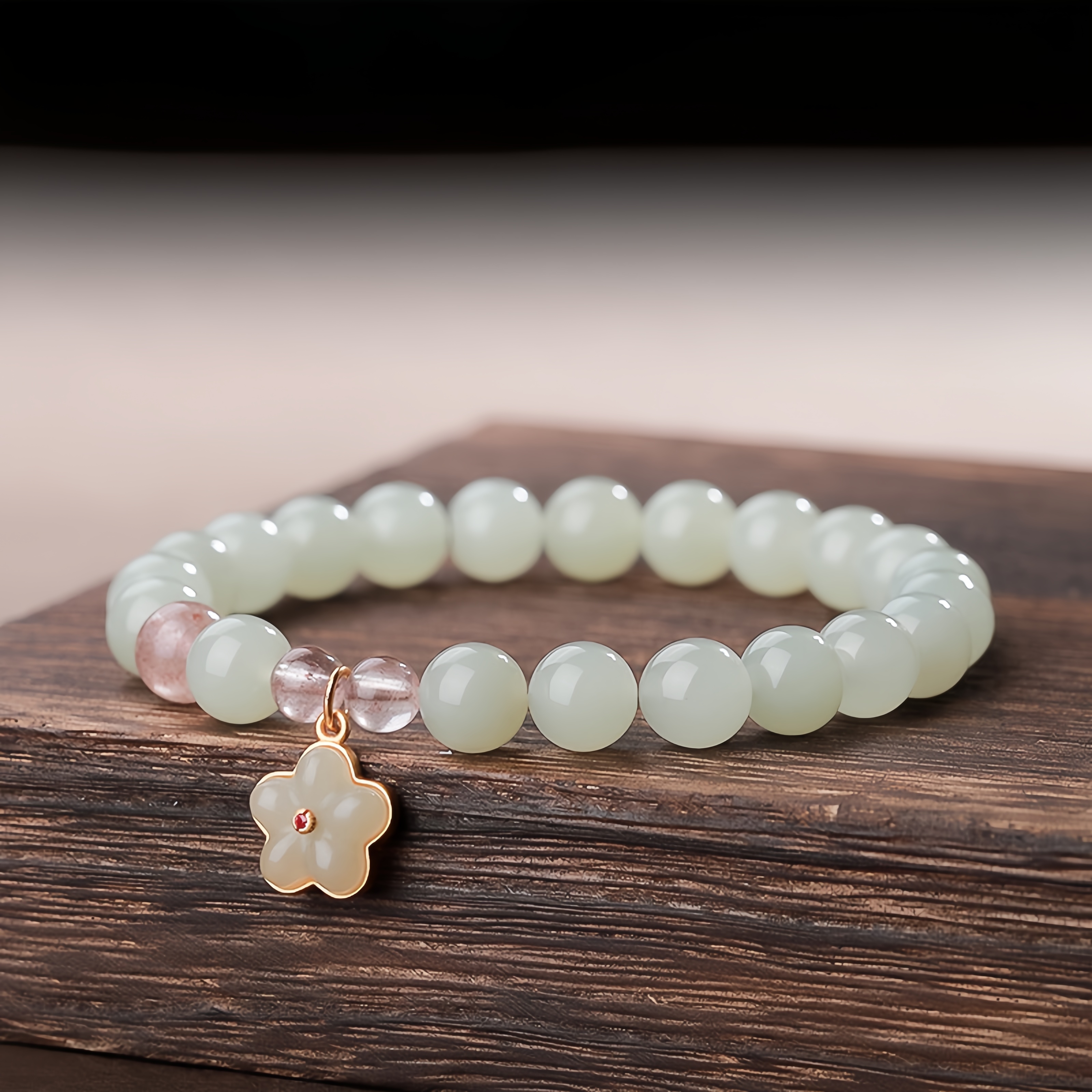 Natural Hetian Jade Bracelet with Blossom Charm - Feminine Love Jewelry