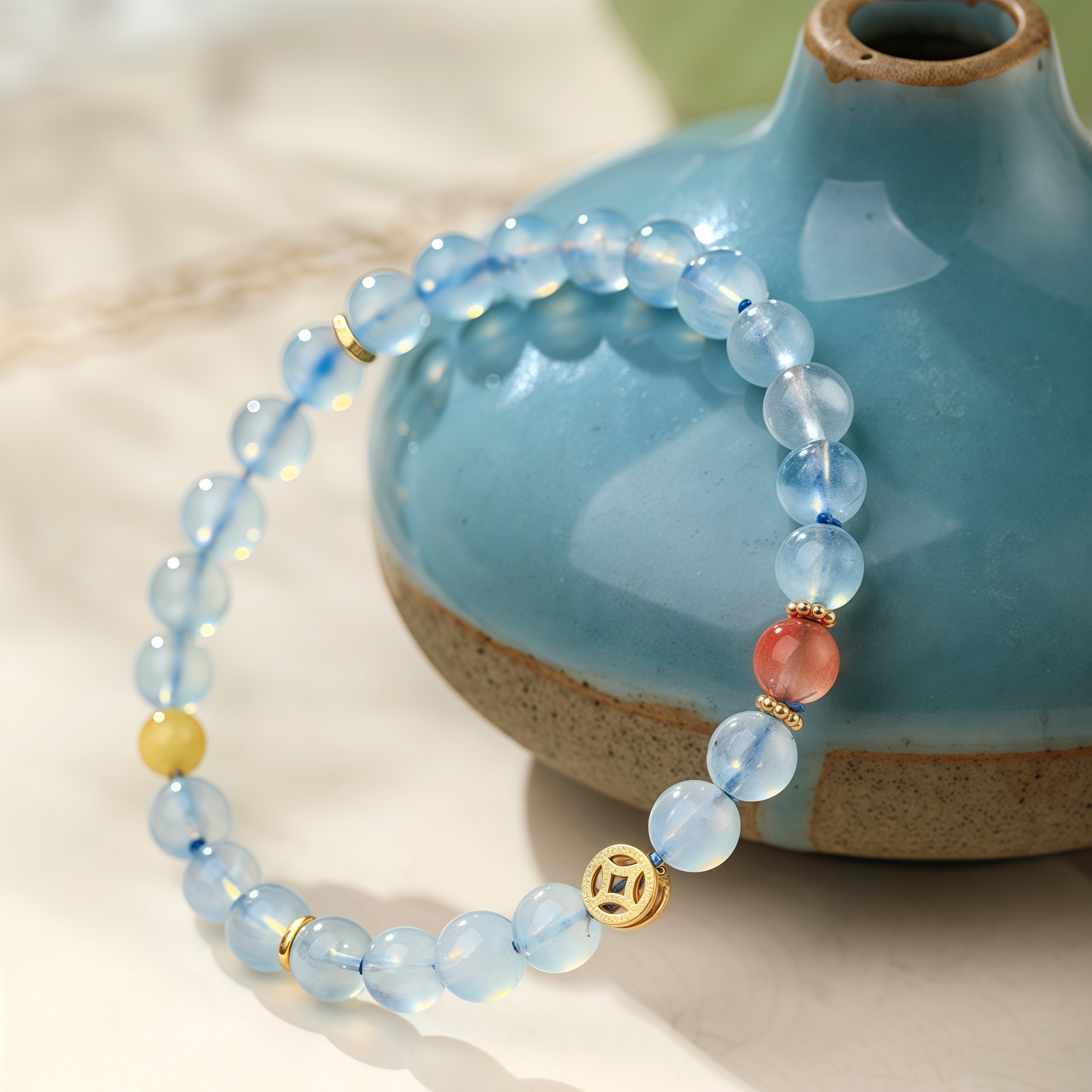 Ice-Type Aquamarine & Southern Red Agate Beaded Bracelet with Amber