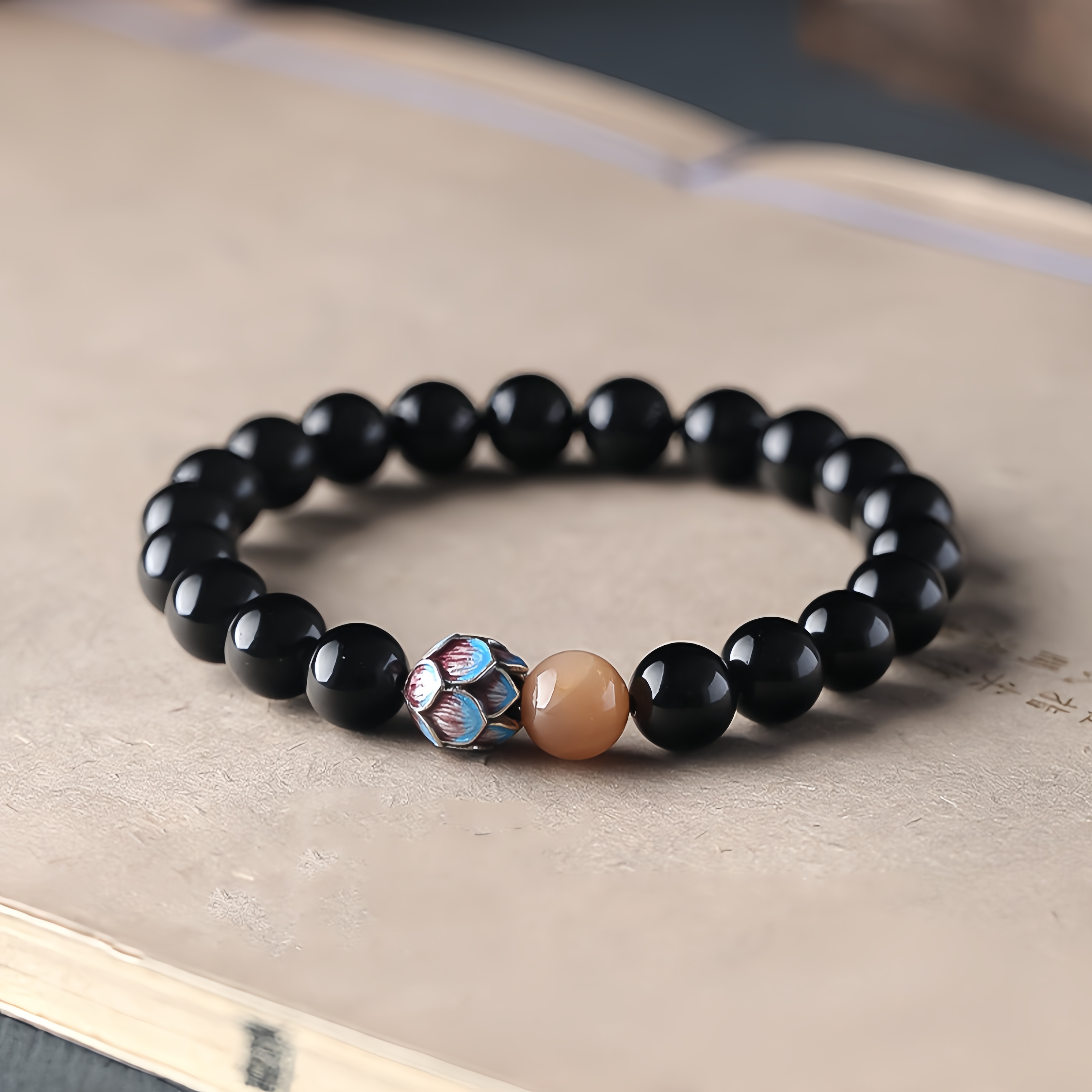 Black Obsidian & Sunstone Lotus Bracelet - Energy Protection & Vitality Jewelry
