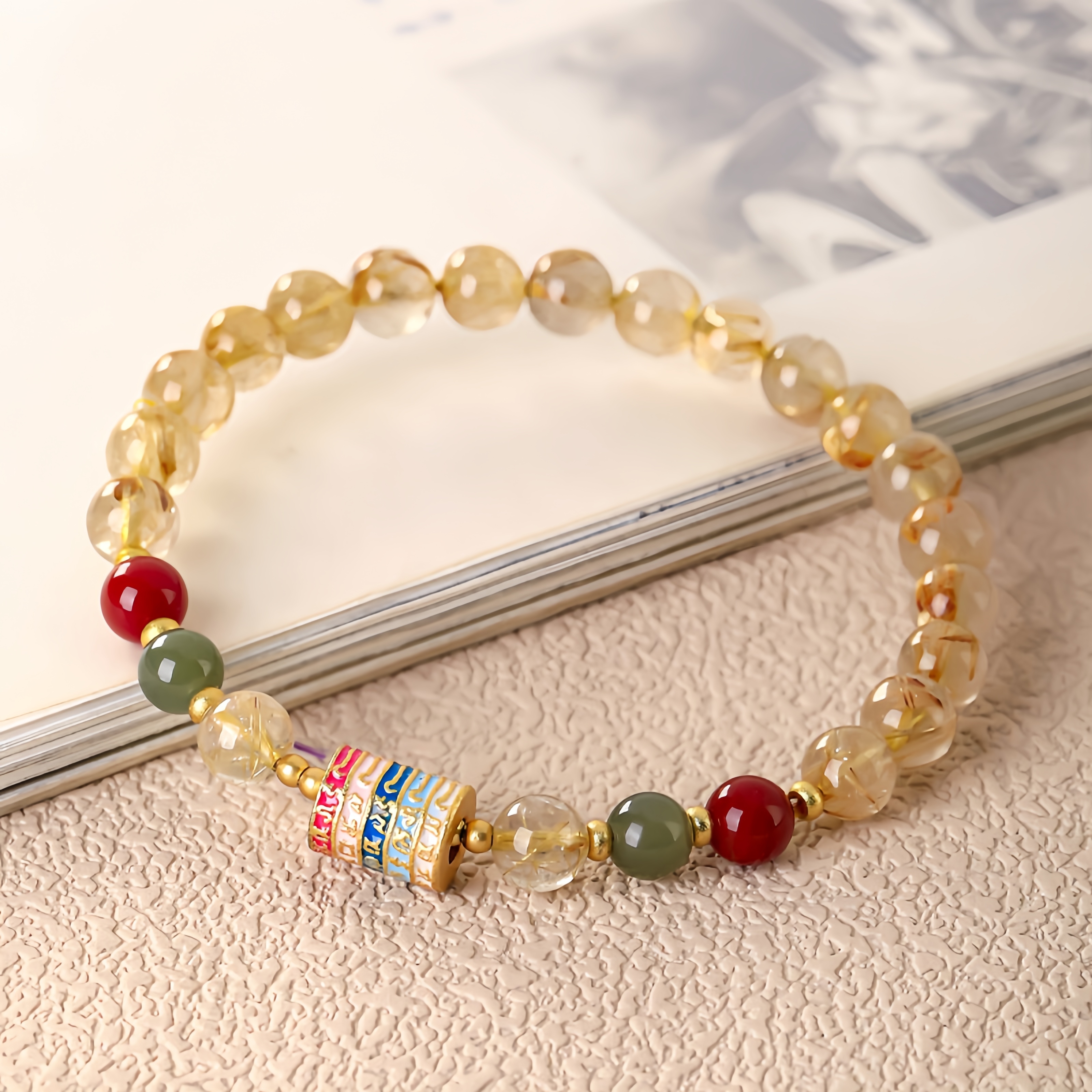 Golden Rutilated Quartz Mantra Bracelet - 5 Sutra Energy Amplifier Jewelry