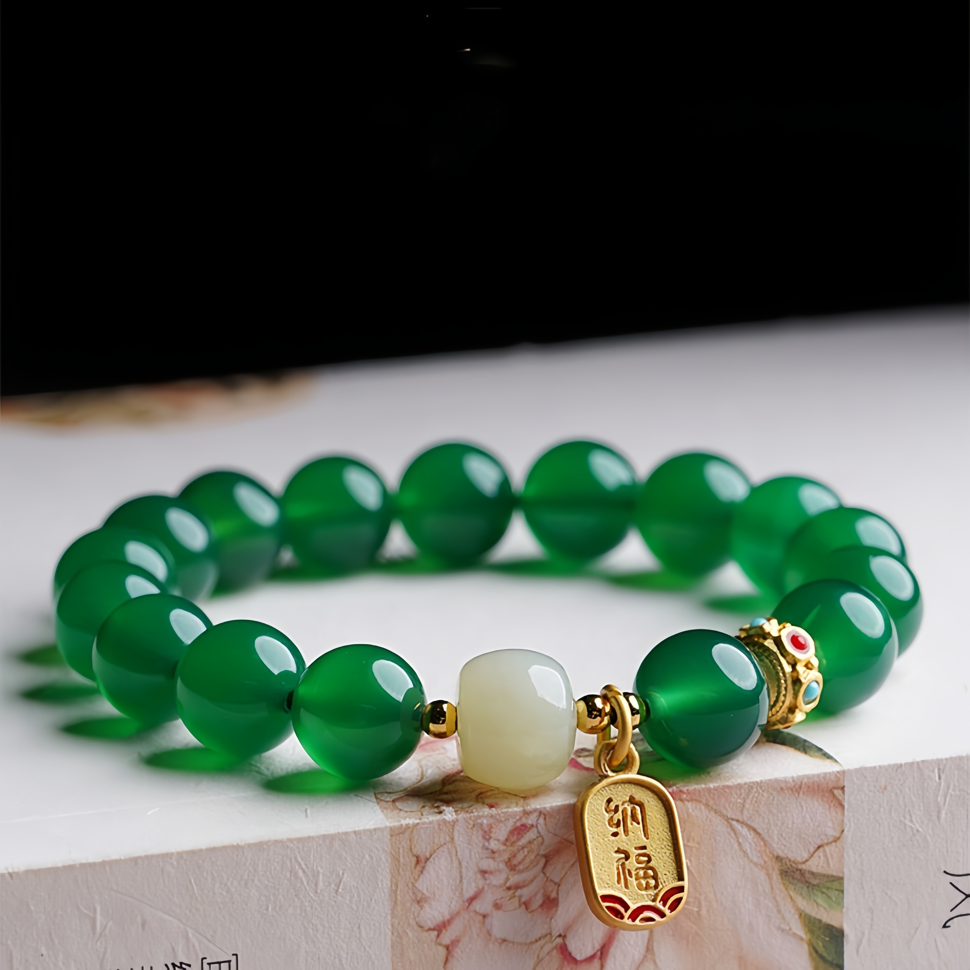 Natural Green Agate Bracelet - Hetian Jade & Blessing Charm