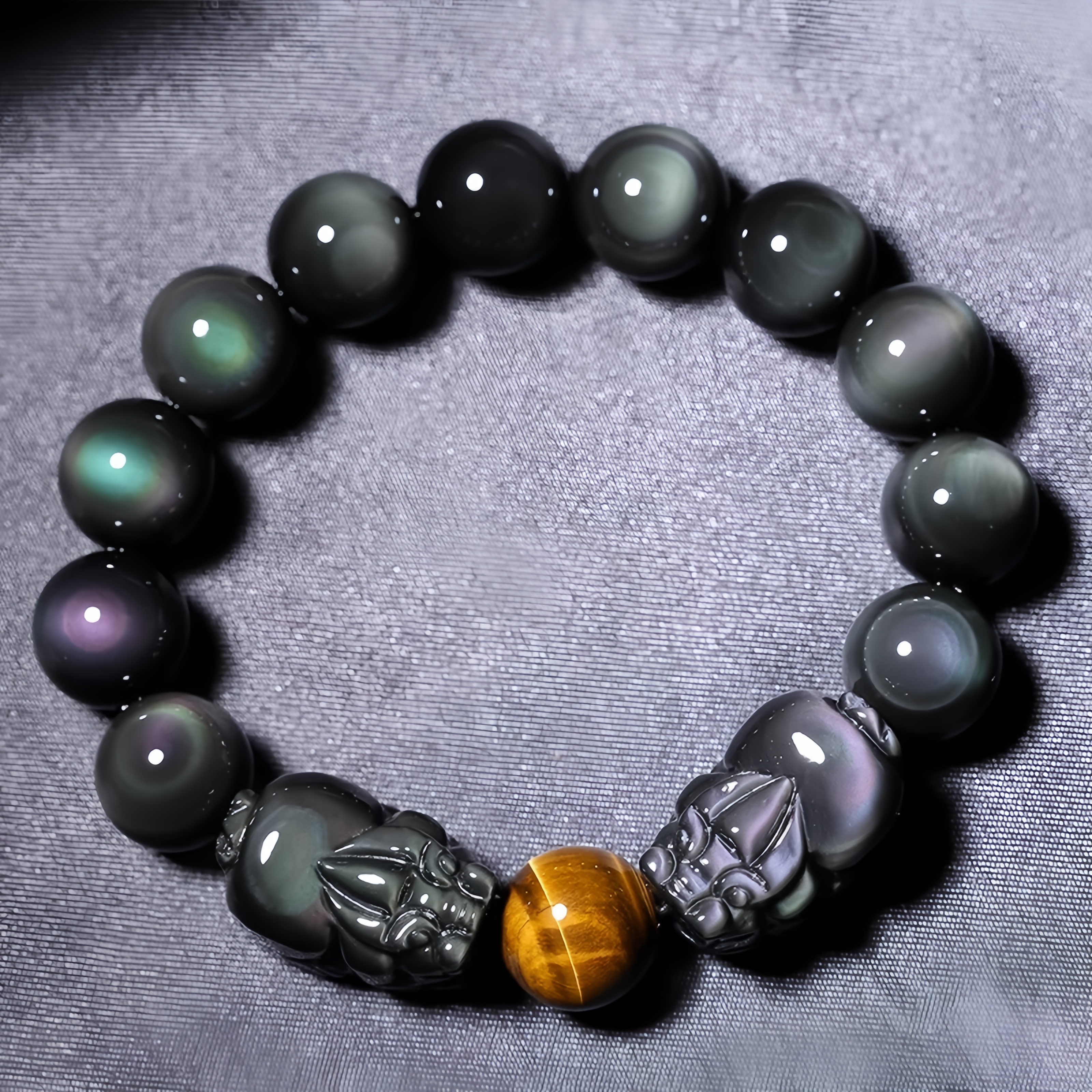 Golden Sheen Obsidian Double Pi Xiu Bracelet - Wealth Vortex & Executive Armor