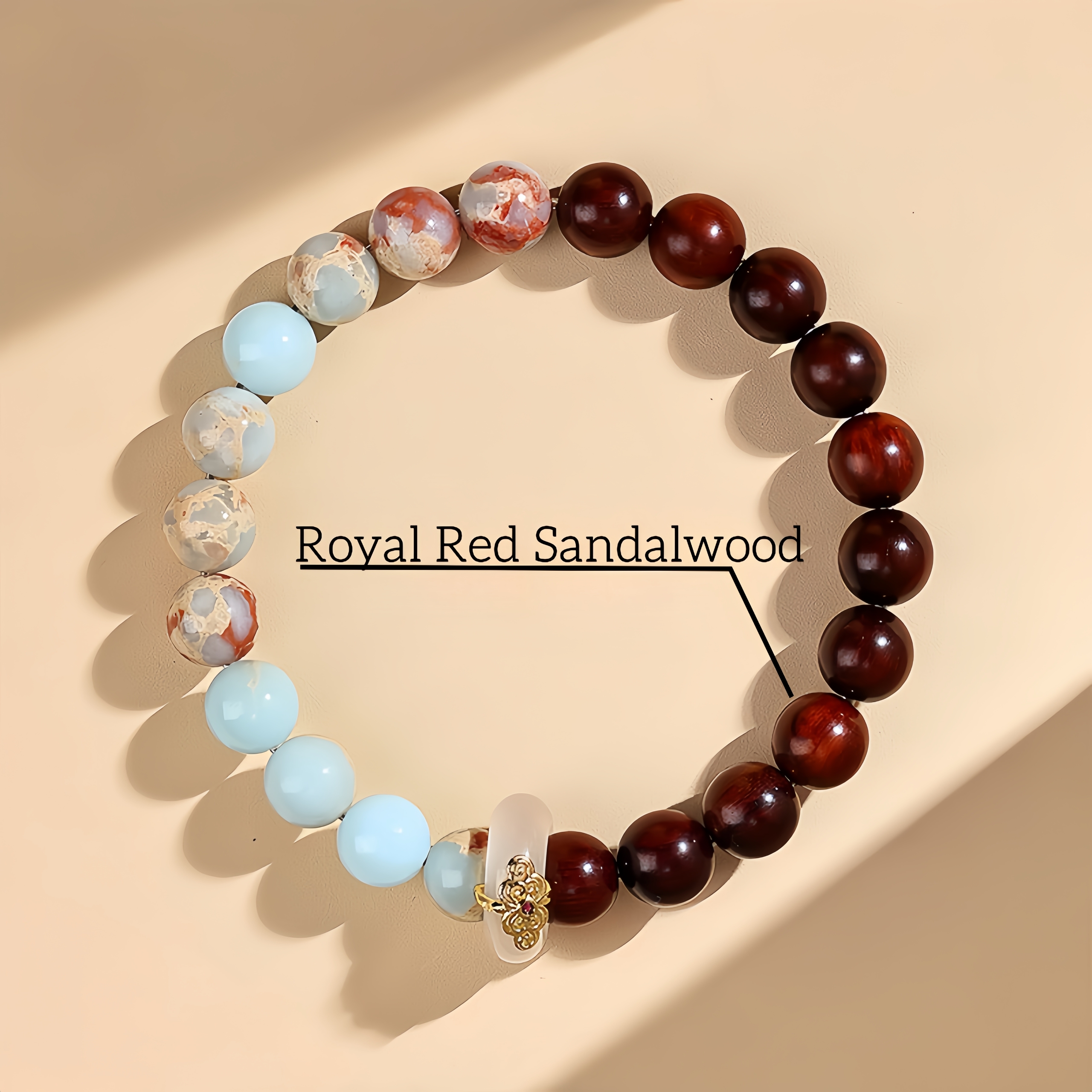 Rosewood & Shoushan Stone Bracelet with Jade Ring - Zen Jewelry for Women