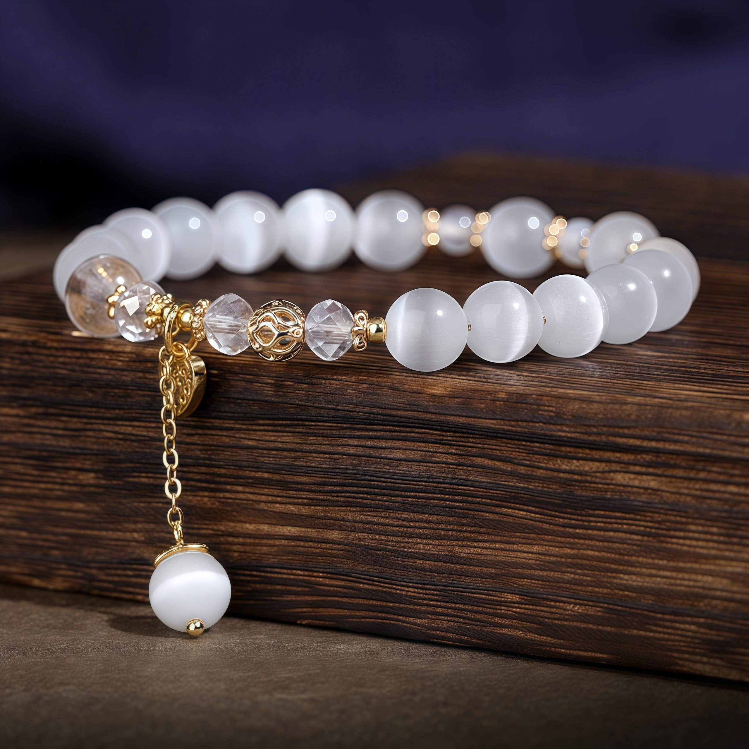 White Cat's Eye Heart Pendant Bracelet