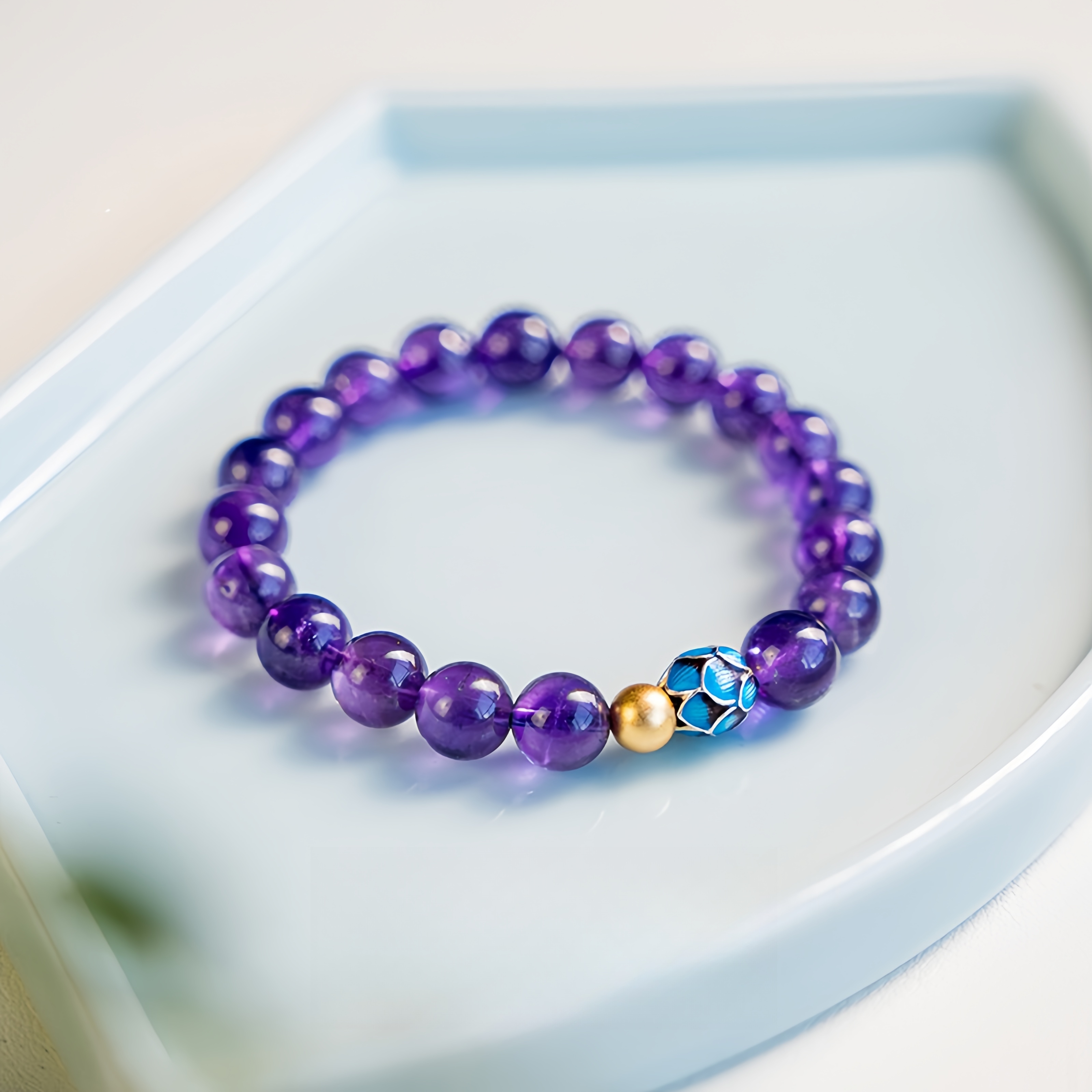 Nine Purple Fire Amethyst Bracelet with Lotus Charm - Feng Shui Luck & Spiritual Protection Jewelry
