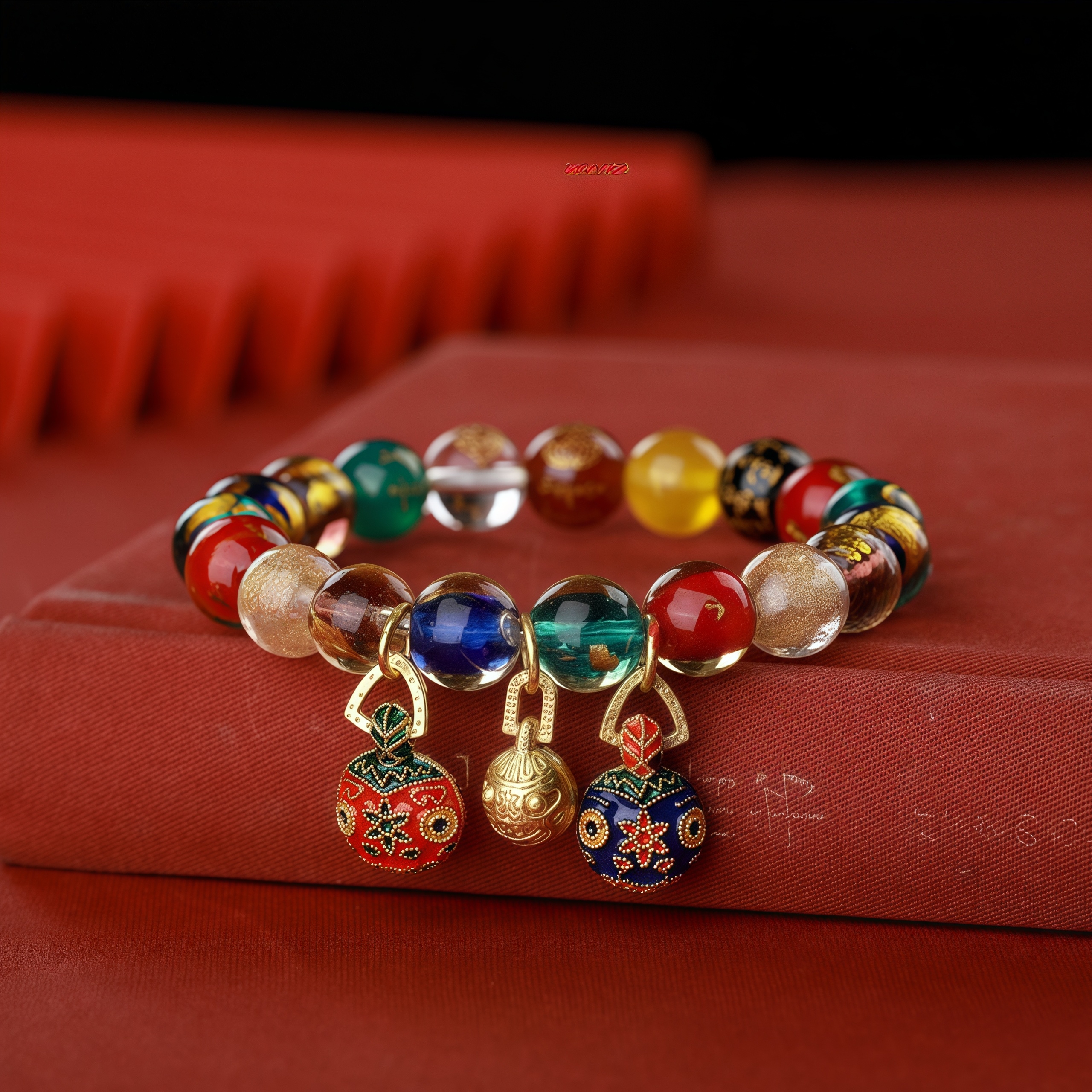 Gold Foil Incense Ash Glass Beads Wealth Attraction Bracelet with Fortune Beast & Five Wealth Deities