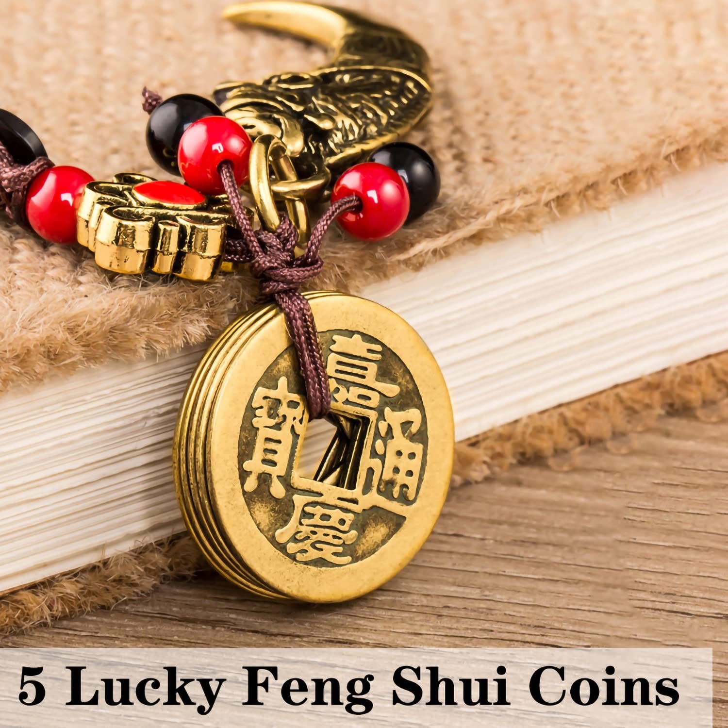 🍀[Cumpărați unul și primiți trei gratuit]! ✨Dragon Teeth Amulet Feng Shui Lucky Breloc, Accesoriu pentru geantă pentru farmecul norocului cu cinci monede Feng Shui Lucky Charm Ciciuc