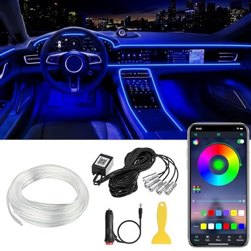 Bandă LED interioară Control APP, 5 în 1 RGB 16 milioane de culori Kit de iluminare ambientală cu fibră optică de 236 inchi, mod muzică Accesorii pentru iluminarea mașinii