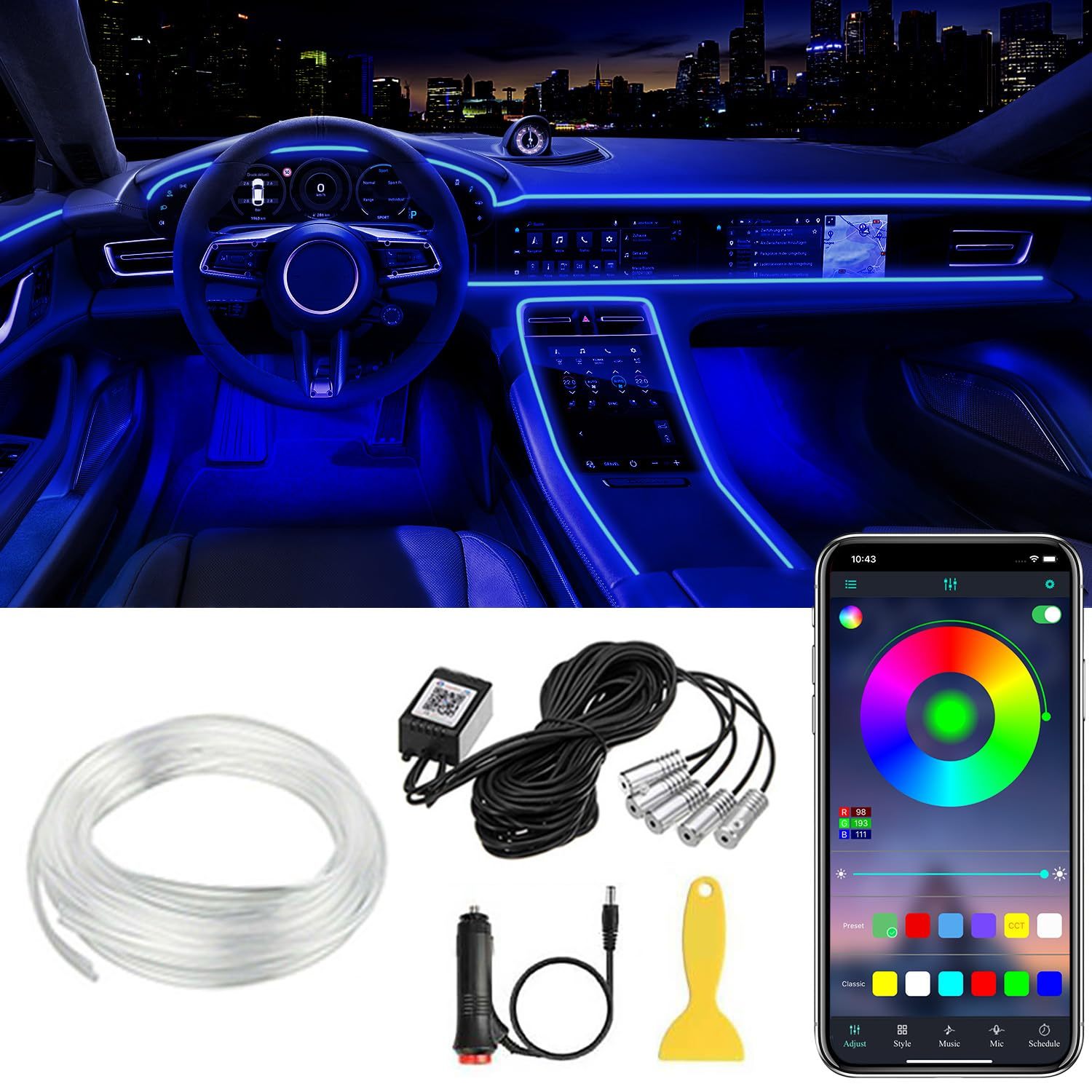 Bandă LED interioară Control APP, 5 în 1 RGB 16 milioane de culori Kit de iluminare ambientală cu fibră optică de 236 inchi, mod muzică Accesorii pentru iluminarea mașinii