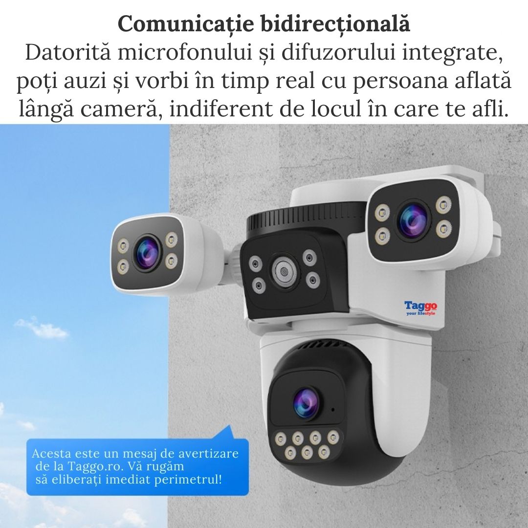 Camera de supraveghere WIFI 4K. 12MP. 3 lentile. Control din aplicatie. Comunicare bidirectionala. Urmarire automata. IP66