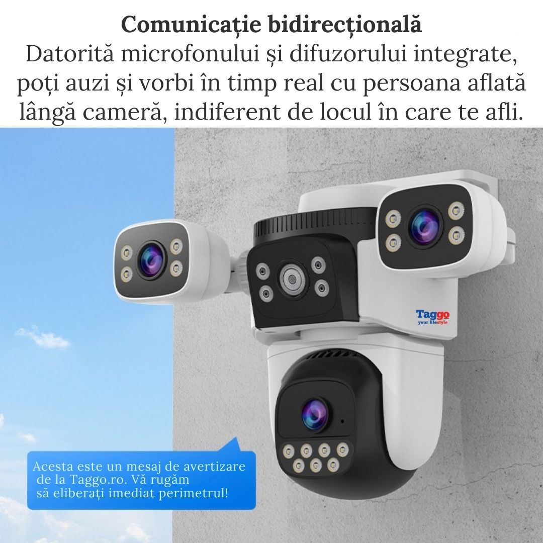 Camera de supraveghere WIFI 4K. 12MP. 3 lentile. Control din aplicatie. Comunicare bidirectionala. Urmarire automata. IP66