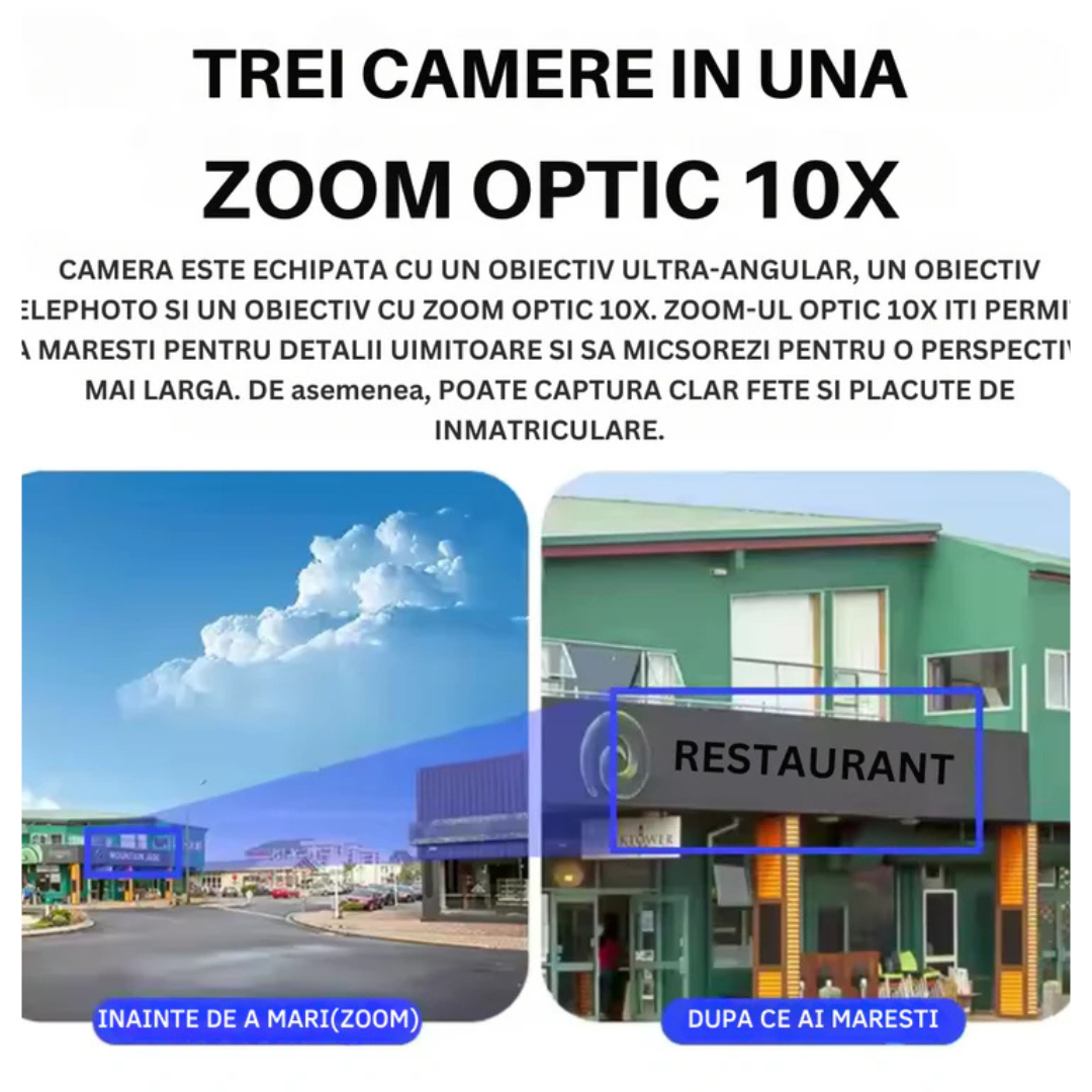 Camera de Supraveghere Solara 4G Cartela SIM 4K . Zoom 10X. Panou Solar 30W. Rezistenta La Apa IP 66