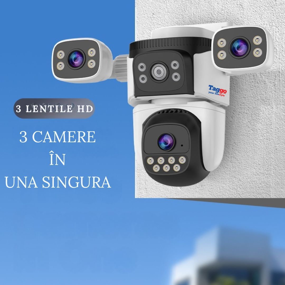 Camera de supraveghere WIFI 4K. 12MP. 3 lentile. Control din aplicatie. Comunicare bidirectionala. Urmarire automata. IP66
