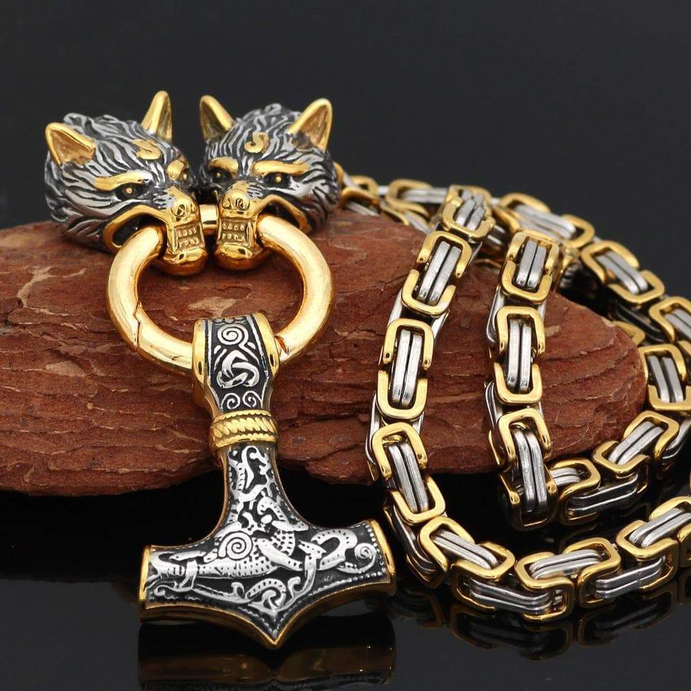 VIKING WOLF REGE LUP MJOLNIR COLIER DIN OȚEL INOXIDABIL LANȚ DE LANȚ