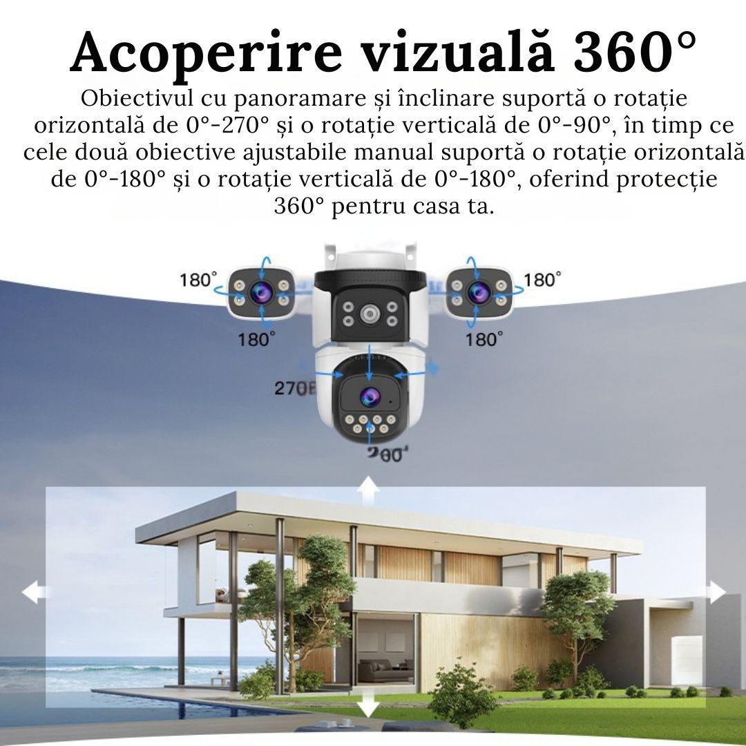 Camera de supraveghere WIFI 4K. 12MP. 3 lentile. Control din aplicatie. Comunicare bidirectionala. Urmarire automata. IP66