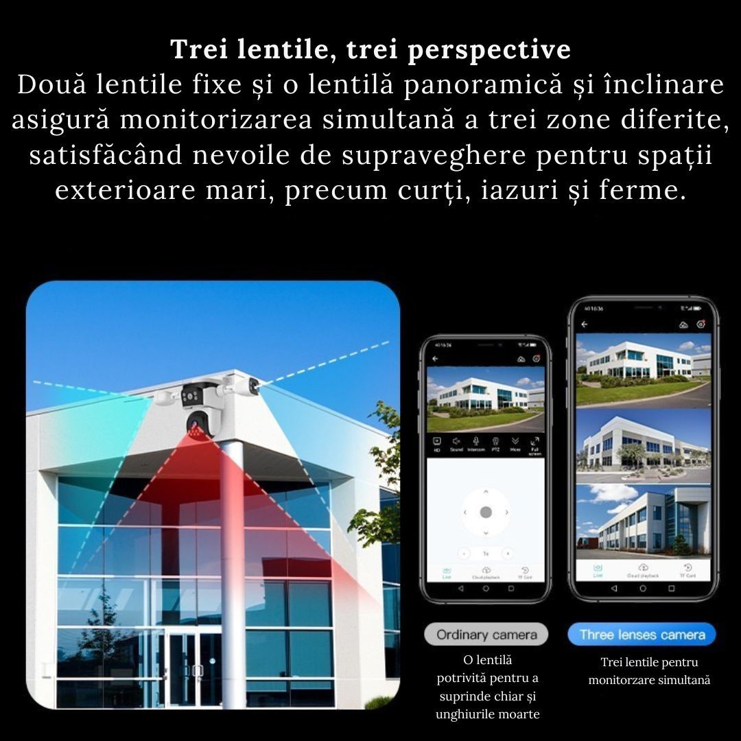 Camera de supraveghere WIFI 4K. 12MP. 3 lentile. Control din aplicatie. Comunicare bidirectionala. Urmarire automata. IP66