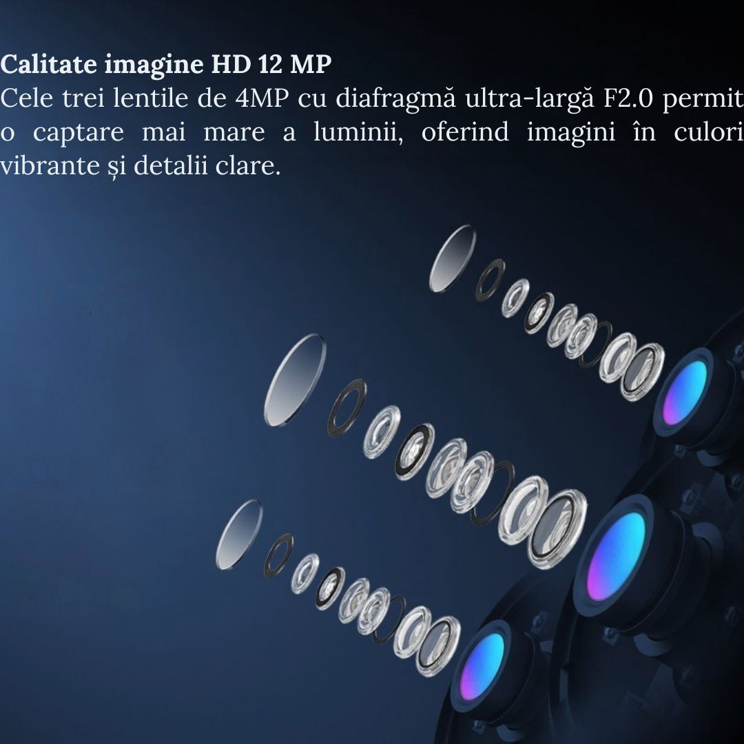 Camera de supraveghere WIFI 4K. 12MP. 3 lentile. Control din aplicatie. Comunicare bidirectionala. Urmarire automata. IP66