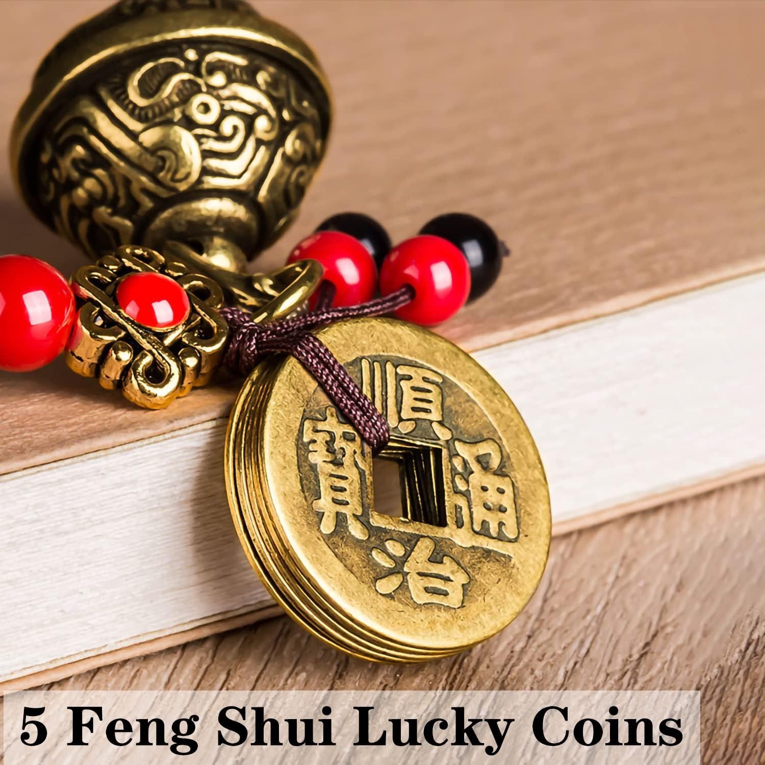 🍀[Cumpărați unul și primiți trei gratuit]! ✨Dragon Teeth Amulet Feng Shui Lucky Breloc, Accesoriu pentru geantă pentru farmecul norocului cu cinci monede Feng Shui Lucky Charm Ciciuc