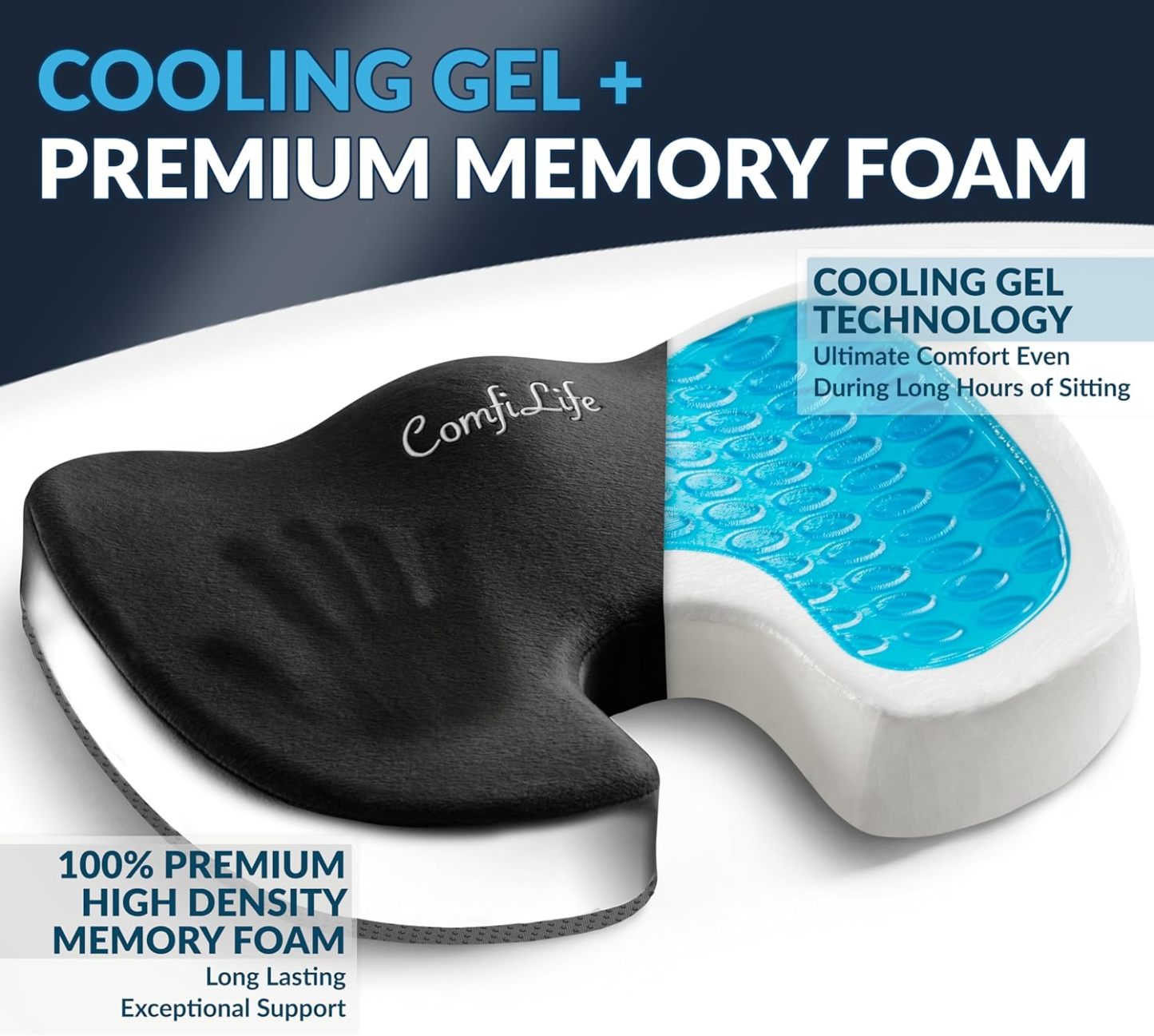 Pernă de scaun ComfiLife Premium Gel + spumă cu memorie – Pernă pentru scaun de birou recomandată de medic, pernă pentru scaun auto – Perne pentru scaun pentru ameliorarea durerilor de spate și sciatică – Perne de scaun pentru birou și birou (negru)