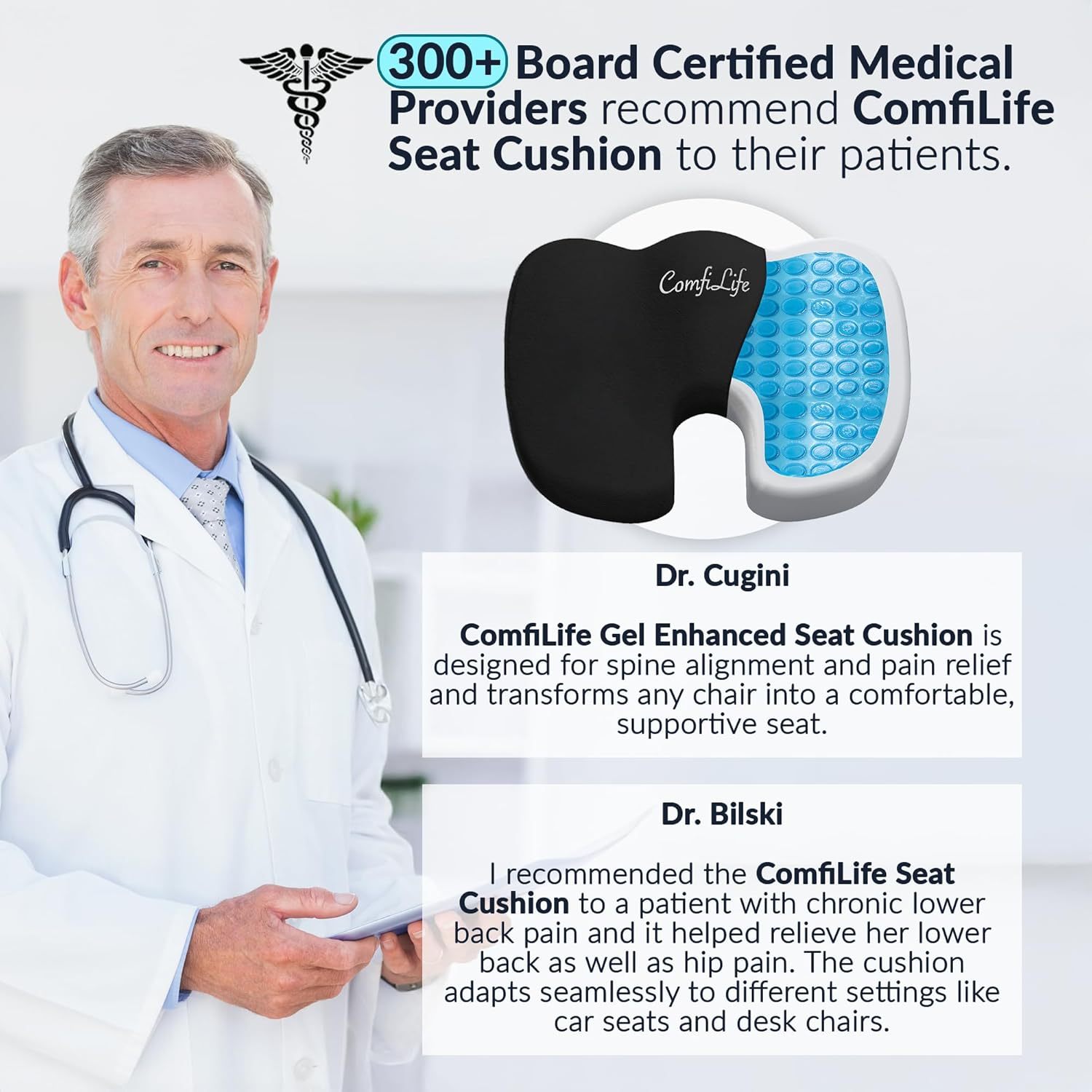 Pernă de scaun ComfiLife Premium Gel + spumă cu memorie – Pernă pentru scaun de birou recomandată de medic, pernă pentru scaun auto – Perne pentru scaun pentru ameliorarea durerilor de spate și sciatică – Perne de scaun pentru birou și birou (negru)