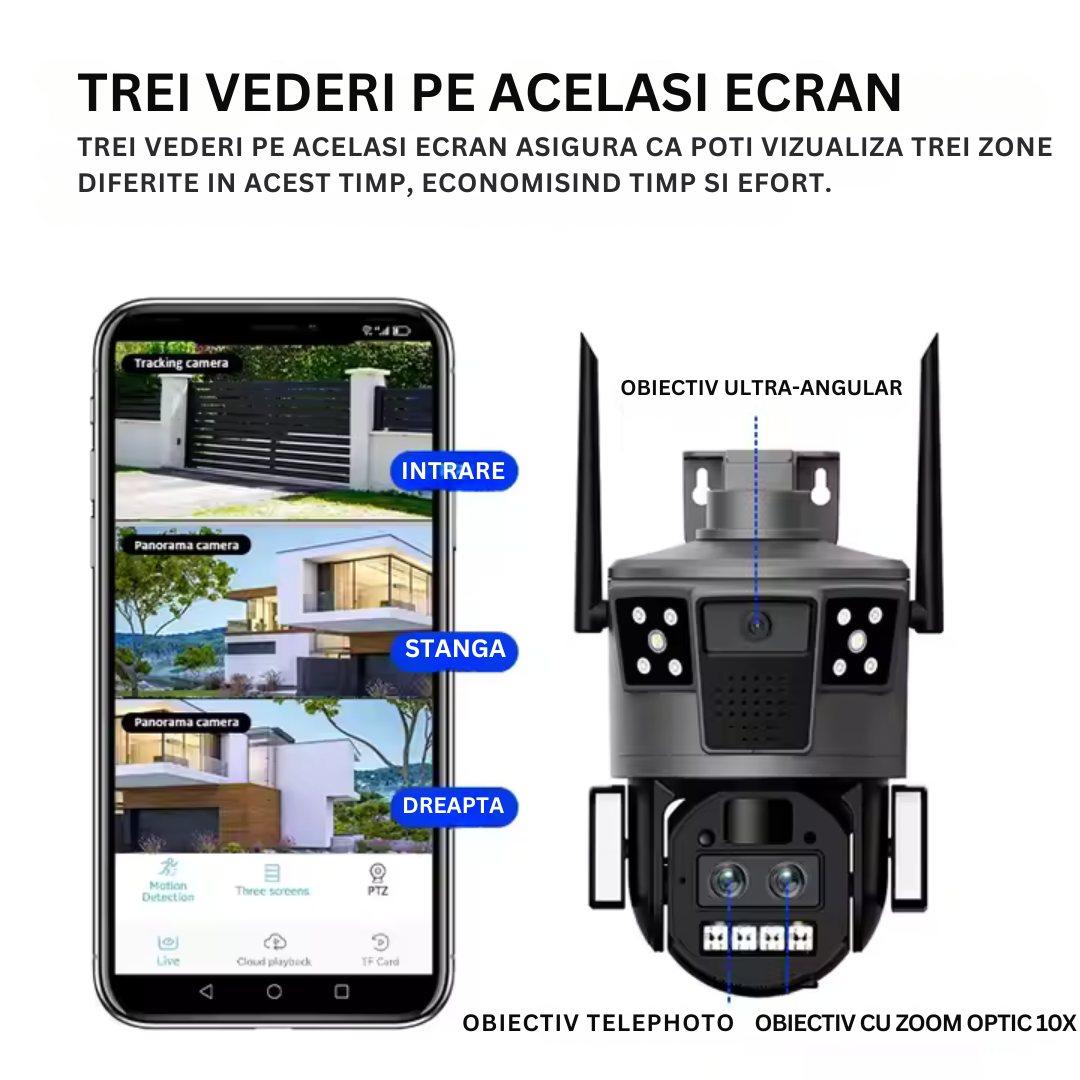 Camera de Supraveghere Solara 4G Cartela SIM 4K . Zoom 10X. Panou Solar 14W. Rezistenta La Apa IP 66