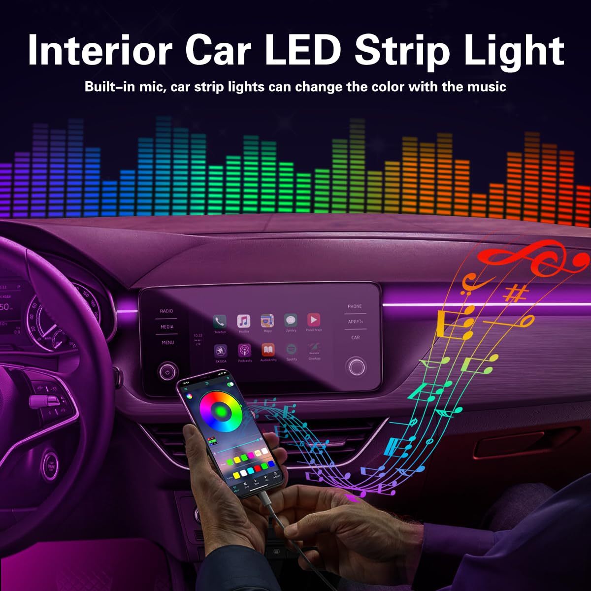 Bandă LED interioară Control APP, 5 în 1 RGB 16 milioane de culori Kit de iluminare ambientală cu fibră optică de 236 inchi, mod muzică Accesorii pentru iluminarea mașinii