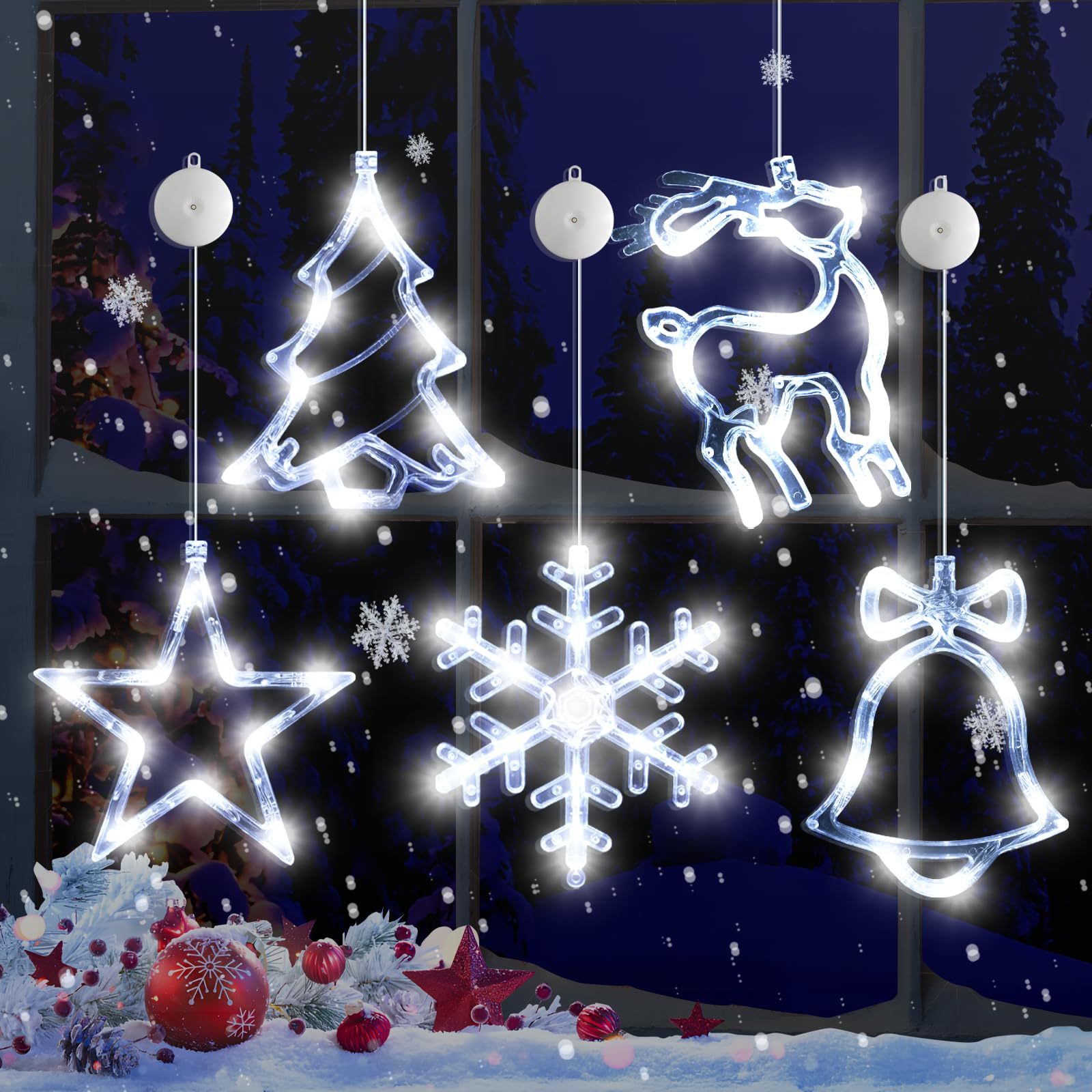 🎅5 bucăți de decorațiuni pentru fereastră de Crăciun, agățat cu baterii de Crăciun, fulg de zăpadă iluminat alb, stea, clopoței cu LED, pentru decorarea interioară a ferestrei din șemineu pentru pomul de Crăciun