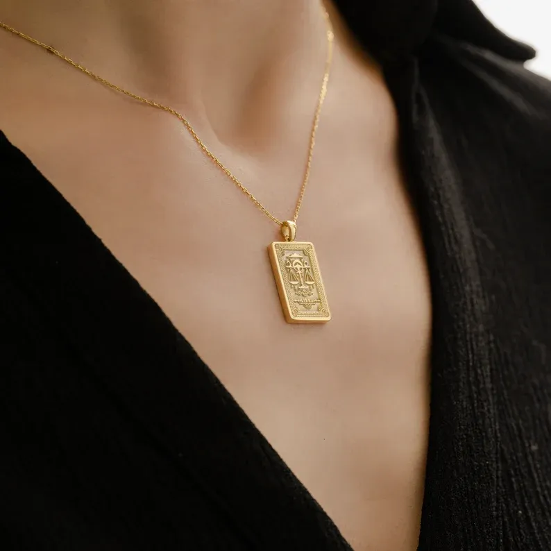 Collana Tarocchi zodiacali Giustizia Bilancia - Ciondolo zodiacale - Gioielli astrologici su due lati - Regalo di compleanno - Regalo squisito (Unisex)