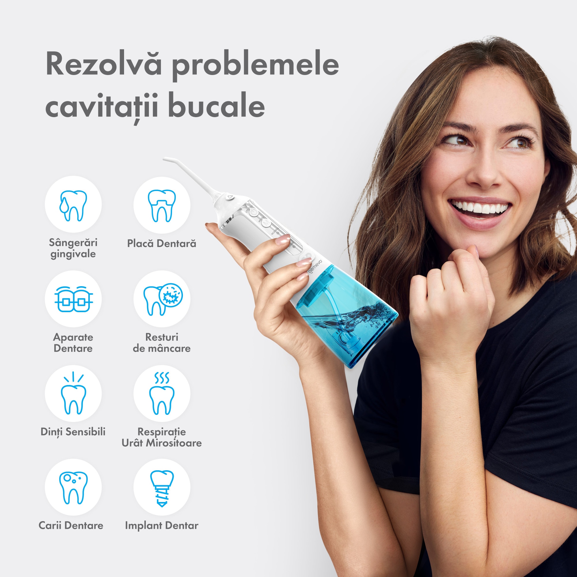 Irigator Oral Profesional pentru Dus Bucal, Gemevo® Family, fara fir, portabil, IPX7, Protectie supraincalzire, Rezervor 300 ml, Culoare Alb/Albastru