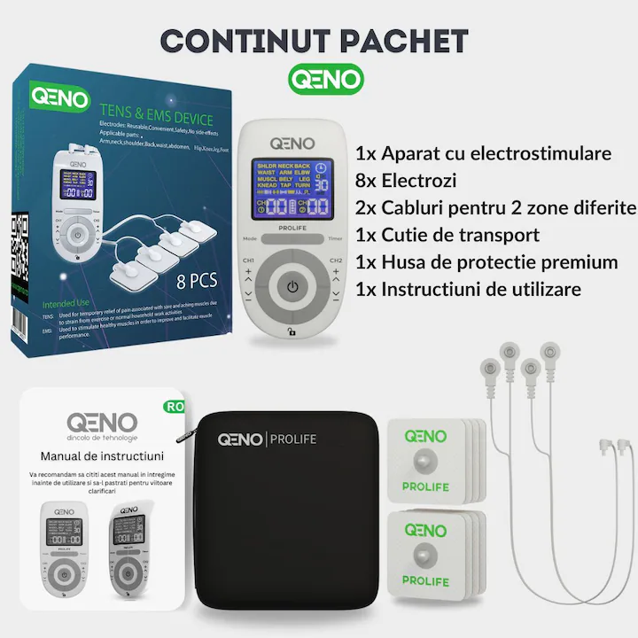 Aparat De Masaj Cu Electrostimulare Pentru Fizioterapie/Electroterapie QENO® ProLife, Cu 30 Niveluri De Intensitate, 8 Electrozi, Doua Canale De Utilizare, 12 Programe De Masaj, Display Digital, Alb