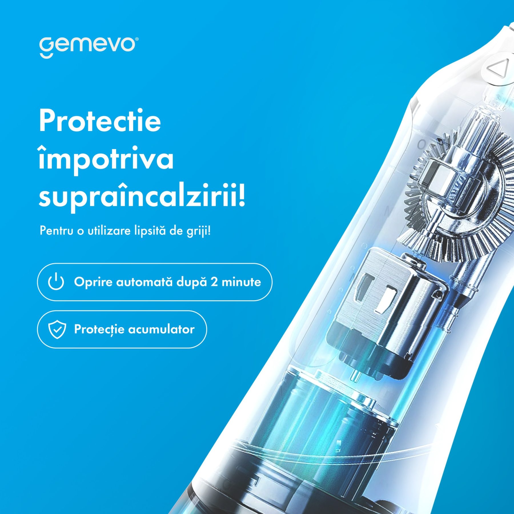 Irigator Oral Profesional pentru Dus Bucal, Gemevo® Family, fara fir, portabil, IPX7, Protectie supraincalzire, Rezervor 300 ml, Culoare Alb/Albastru