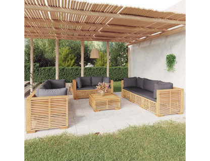9 muebles de jardín con cojines. Madera maciza de teca. Domiona-domiona