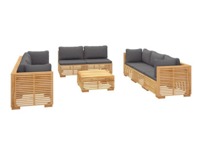9 muebles de jardín con cojines. Madera maciza de teca. Domiona-domiona