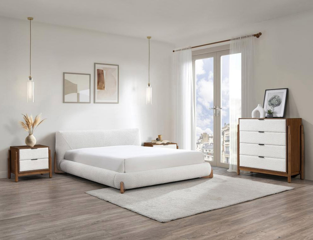 Cama 140 x 190 cm - Tela rizada - Blanco y natural + Colchón Domiona-domiona
