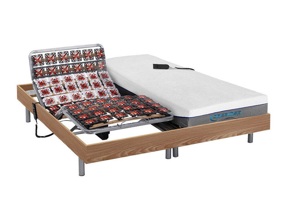 Cama articulada eléctrica con memoria de forma - Motor - roble marrón topo - 2x80x200 cm Domiona-domiona