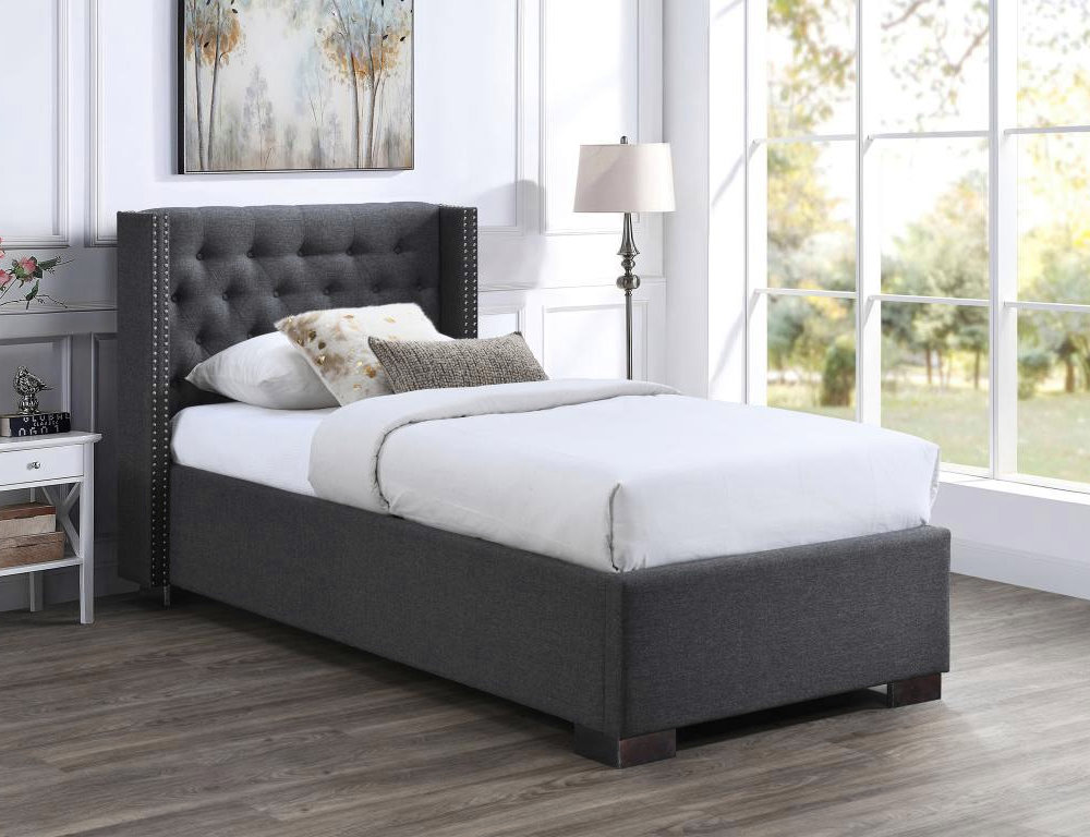 Cama con arcón90 x 200 cm con cabecero tapizado - Tela - Gris + Colchón Domiona-domiona