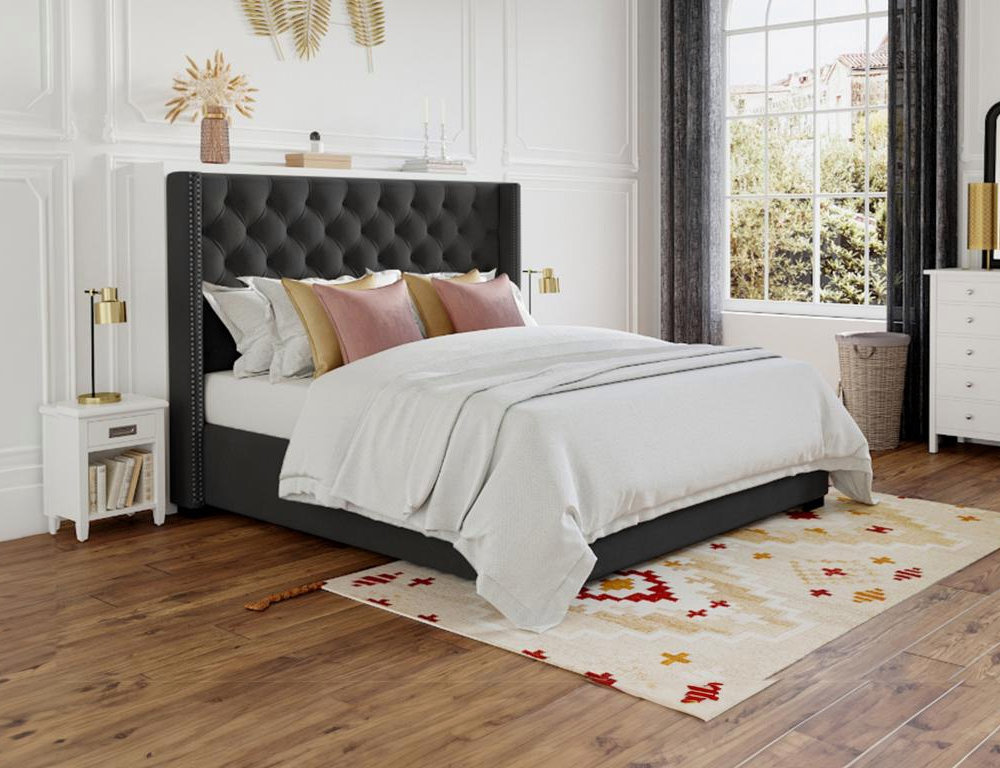 Cama con cabecero capitoné - 140 x 200 cm - Tela - Gris Domiona-domiona