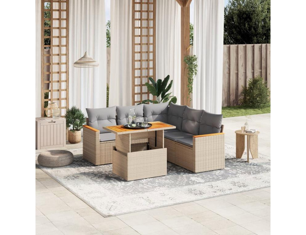 Juego de sofás jardín con cojines 6 pzas ratán sintético beige Domiona-domiona