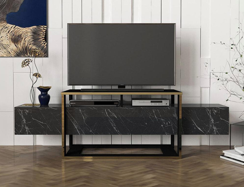 Mueble TV 2 estantes - Efecto mármol negro y dorado Domiona-domiona