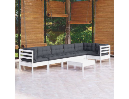 Muebles de jardín de 7 piezas con cojines de madera de pino blanco. Domiona-domiona
