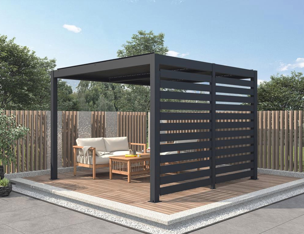 Pérgola bioclimática autoportante eléctrica en aluminio antracita con lamas orientables y celosía 2,78 m - 12 m² Domiona-domiona